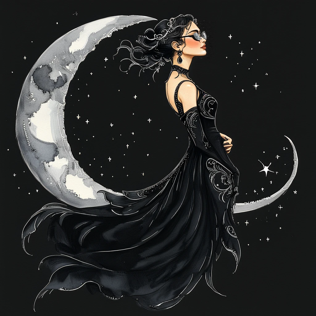 <lora:Art_Nouveau_Fashion_illustrationSDXL:1> Art Nouveau Fashion illustration, The image shows a woman in a black dress standing on a crescent moon with a white background. She has a human face and is wearing a long flowing dress with intricate details. Her hair is long and dark and her eyes are closed as if she is in a peaceful state., 1girl, solo, dress, jewelry, earrings, black hair, glasses, black dress, moon, crescent moon