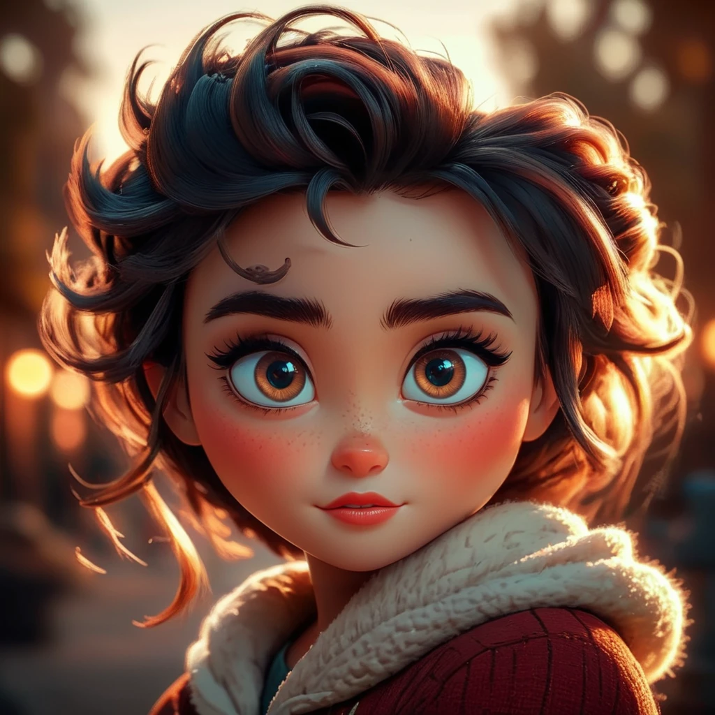 3D animated fairytale style meets romantic realism, large expressive eyes, soft facial features, hyper-detailed hair, golden hour lighting, warm bokeh background, inspired by Disney, Laika, and DreamWorks <lora:3D_FairytalesSDXL:1>