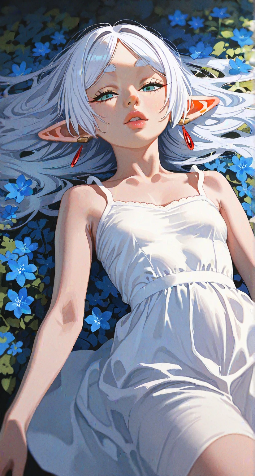 detailed background, (masterpiece), (best quality), (ultra-detailed), very aesthetic, high resolution, illustration, perfect composition, intricate details, absurdres, newest, extremely detailed eyes, beautiful, perfect lighting, hi res, amazing quality, very awa, painting_(artwork), dynamic angle, dynamic pose, elf girl, frieren, 1girl, dress, pointy ears, solo, flower, white dress, blue flower, long hair, lying, on back, jewelry, earrings, half-closed eyes, sleeveless dress, white hair, sleeveless, thick eyebrows, looking at viewer, collarbone, bare shoulders, short eyebrows, elf, bare arms, parted bangs, parted lips, bangs, sundress, aqua eyes, realistic, (by maegami /(daisuki oekaki1/):1.3), (by 96yottea:1.1), painterly, (by misawa hiroshi:0.8), film grain, cinematic, (limited palette:1.2), realistic, nose, lips