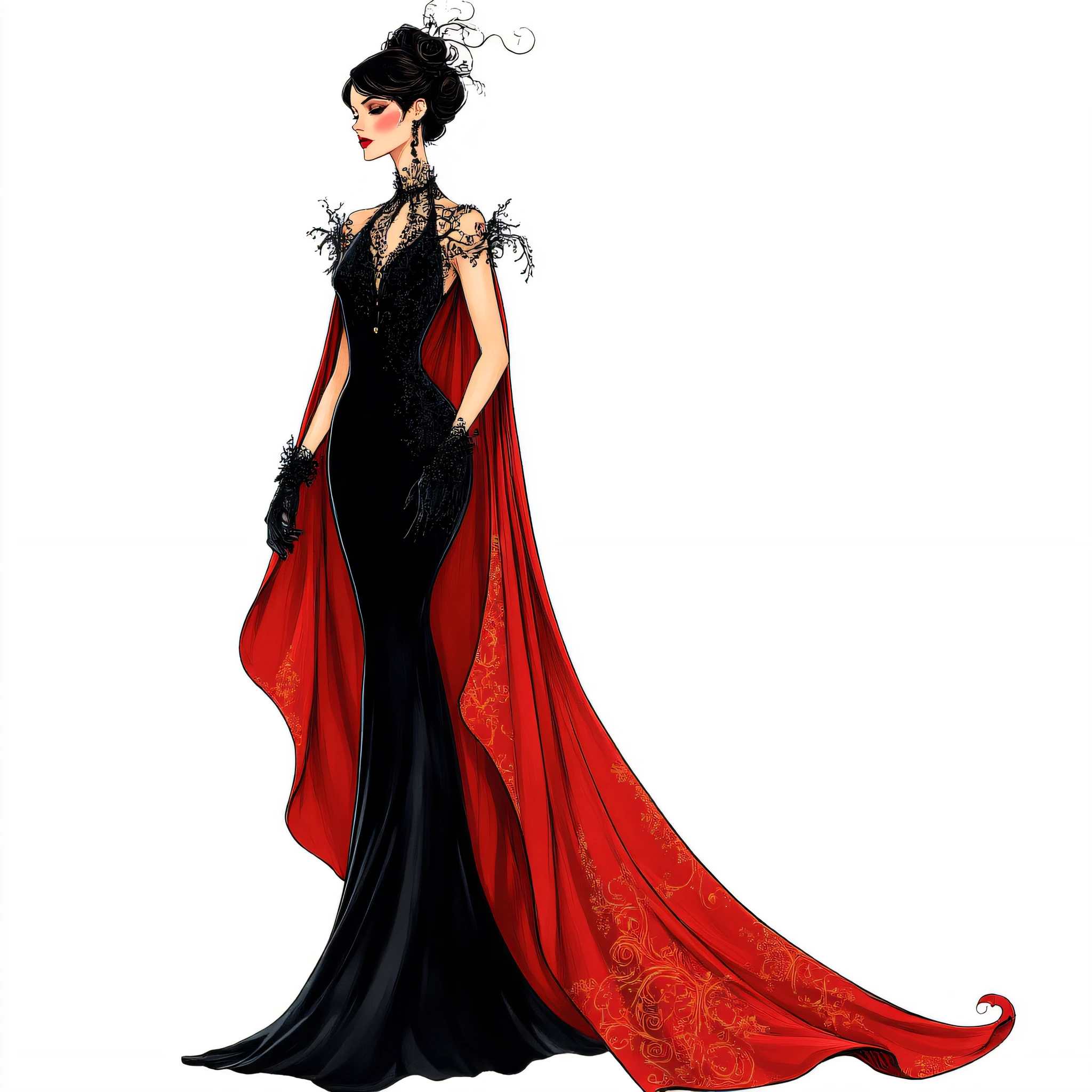 Art Nouveau Fashion illustration, The image shows a woman in a black and red dress with a red cape standing against a white background. Her dress is adorned with intricate details such as a long train and a high neckline and her hair is styled in a sleek updo. She is wearing a pair of black heels and her makeup is subtle and natural., 1girl, solo, dress, black dress, jewelry, gloves, black hair, makeup, earrings, lipstick