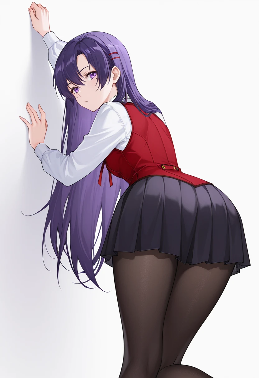 anime woman with long purple hair and big , lifting up her skirt, showing white panties, standing, full body, white background