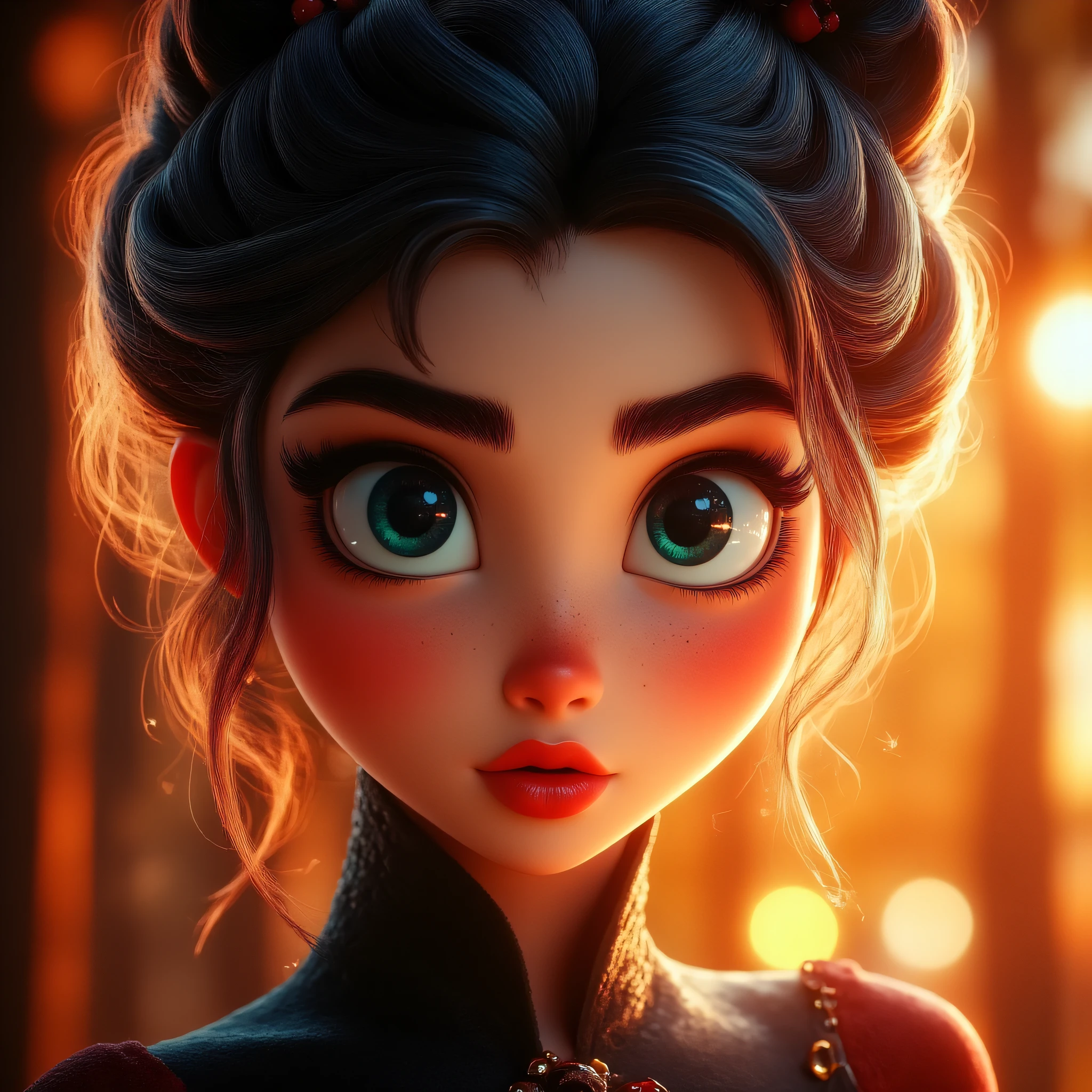 3D animated fairytale style meets romantic realism, large expressive eyes, soft facial features, hyper-detailed hair, golden hour lighting, warm bokeh background, inspired by Disney, Laika, and DreamWorks