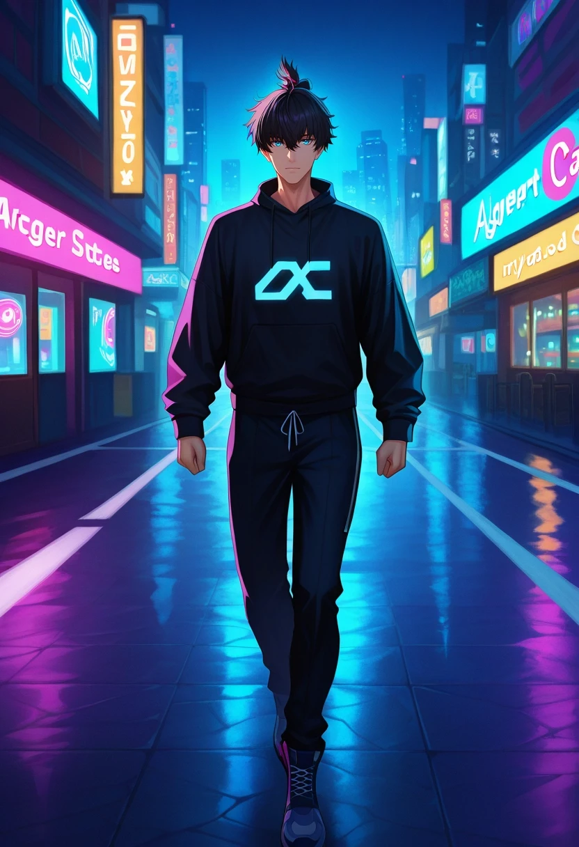 masterpiece, best quality, , (realistic:0.6), looking at viewer, 1boy, solo, male focus, <lora:miyamoto_iori_ilxl:0.94>, miyamoto_iori, black hair, blue eyes, short hair, bangs, hair between eyes, topknot, , neon streets, holo-ads, light paths, cyber cafes, walking pose, alert expression, night,