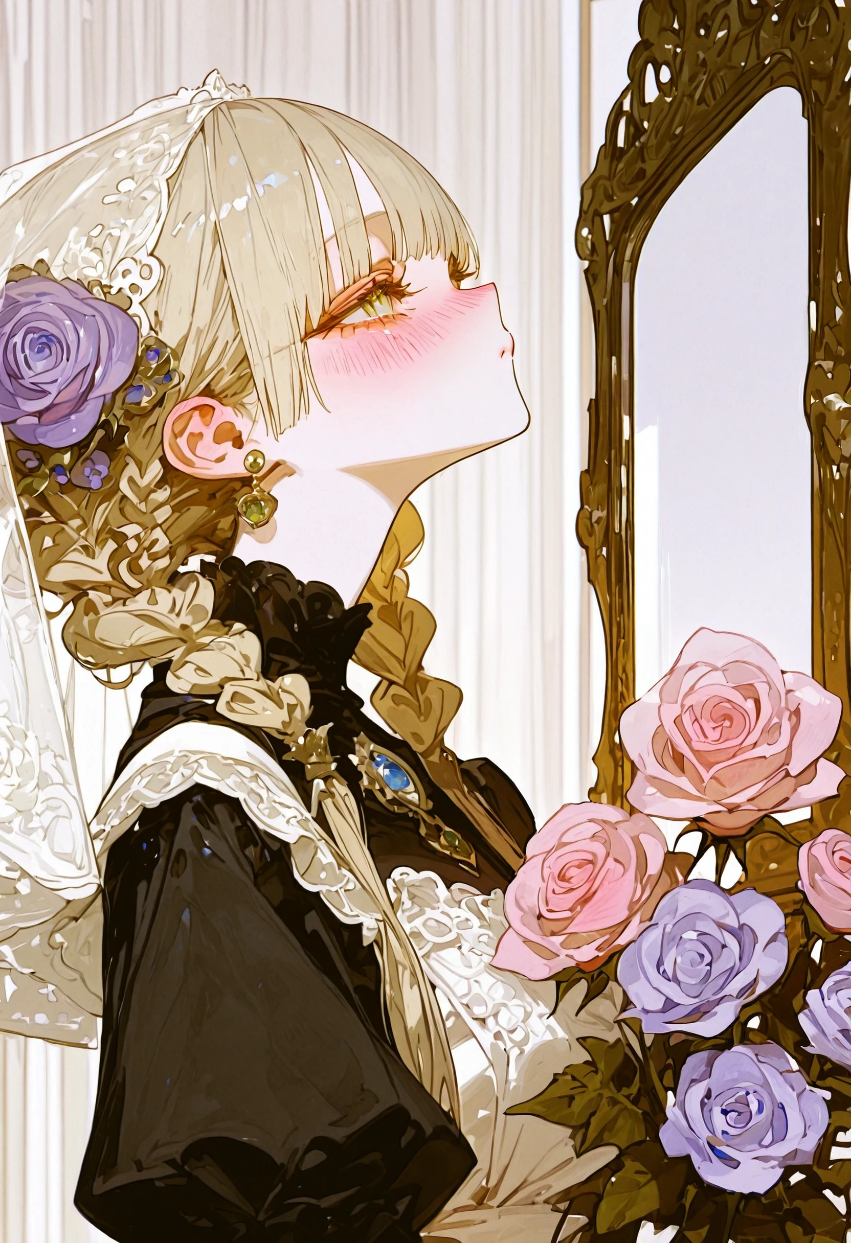 <lora:c2FnYXdhX2dhd2E=-illustriousXL_v01_V1-CAME>, c2Fn, 1girl, bouquet, braid, profile, flower, earrings, holding bouquet, jewelry, blonde hair, solo, holding, veil, hair over shoulder, dress, long hair, short over long sleeves, layered sleeves, rose, from side, hair ornament, long sleeves, black dress, looking up, white flower, hair flower, pink rose, white rose, puffy sleeves, indoors, purple rose, purple flower, apron, frills, blue flower, curtains, blush, multiple braids, red flower, pink flower, upper body, red rose, eyelashes, single braid, bridal veil, short sleeves, gem, white apron, orange flower, twin braids, closed mouth, blue rose, hair pulled back, juliet sleeves, looking afar, mirror, braided ponytail, looking ahead