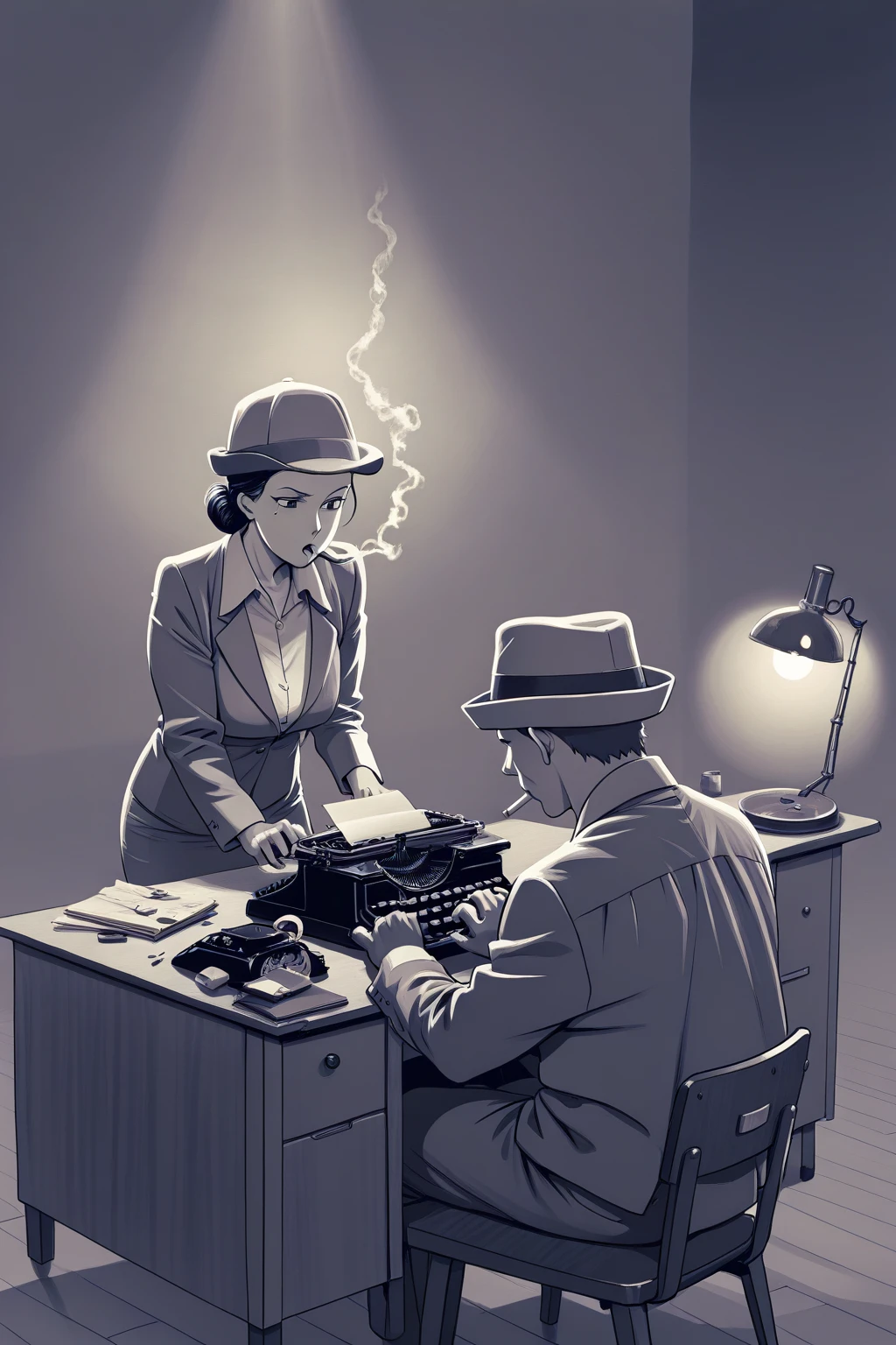 masterpiece,best quality,amazing quality, source_anime, BREAK
1boy, A detective, sitting, desk, typing, typewriter, Hat. Mood Lighting, Monochrome, Smoky, Desk Lamp, BREAK
1girl, attractive woman, standing, holding, cigarette, smoking, talking,