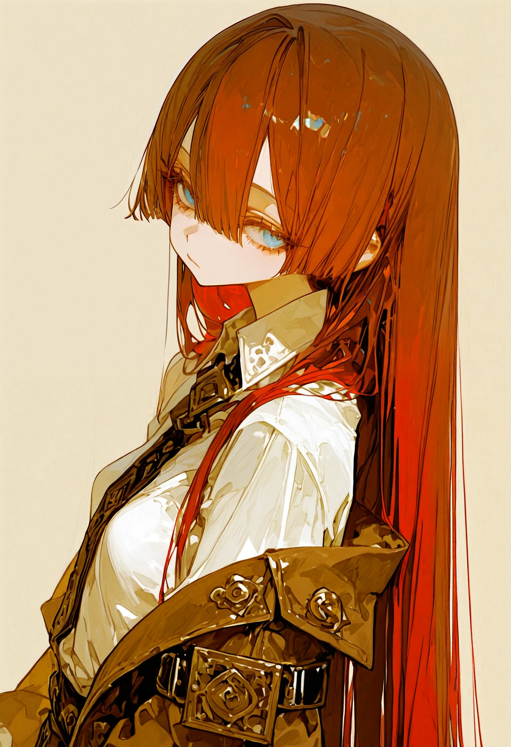 <lora:c2FnYXdhX2dhd2E=-illustriousXL_v01_V1-CAME>, c2Fn, 1girl, solo, long hair, shirt, jacket, white shirt, collared shirt, blue eyes, upper body, off shoulder, looking at viewer, closed mouth, hair between eyes, from side, brown jacket, red hair, looking to the side, wing collar, , small , long sleeves, simple background, straight hair, arm belt, brown hair, , very long hair