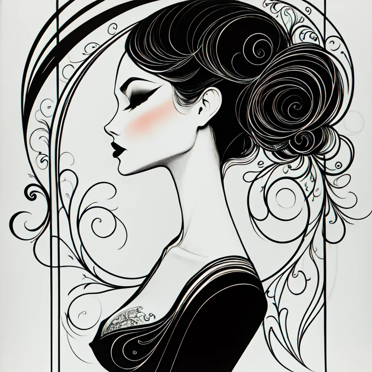 <lora:Art_Nouveau_Fashion_illustrationSD1:1> Art Nouveau Fashion illustration, The image shows a black and white drawing of a woman with long hair wearing a dress. Her face is clearly visible with her eyes looking off to the side and her lips slightly parted. Her hair is styled in a way that frames her face and her dress is a deep rich black., 1girl, solo, monochrome, dress, from side, closed eyes, profile, makeup, breasts, greyscale