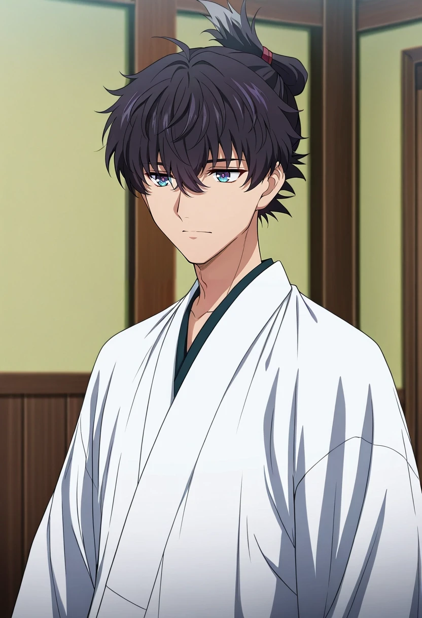 masterpiece, best quality, , anime screencap, , official style,, 1boy, solo, male focus, <lora:miyamoto_iori_ilxl:0.92>, miyamoto_iori, black hair, blue eyes, short hair, bangs, hair between eyes, topknot, ,