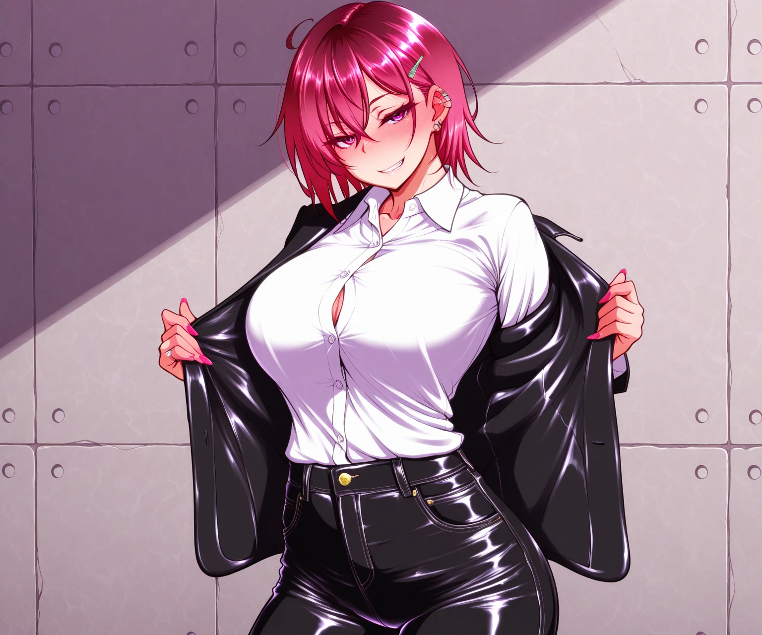 ((Mega art, ultra detailed)), Big ass, thin waist, long legs, red hair, very mature face, short skirt, long socks, black boots, black jacket, no bra, no t-shirt, short white hair, very physical in the breasts