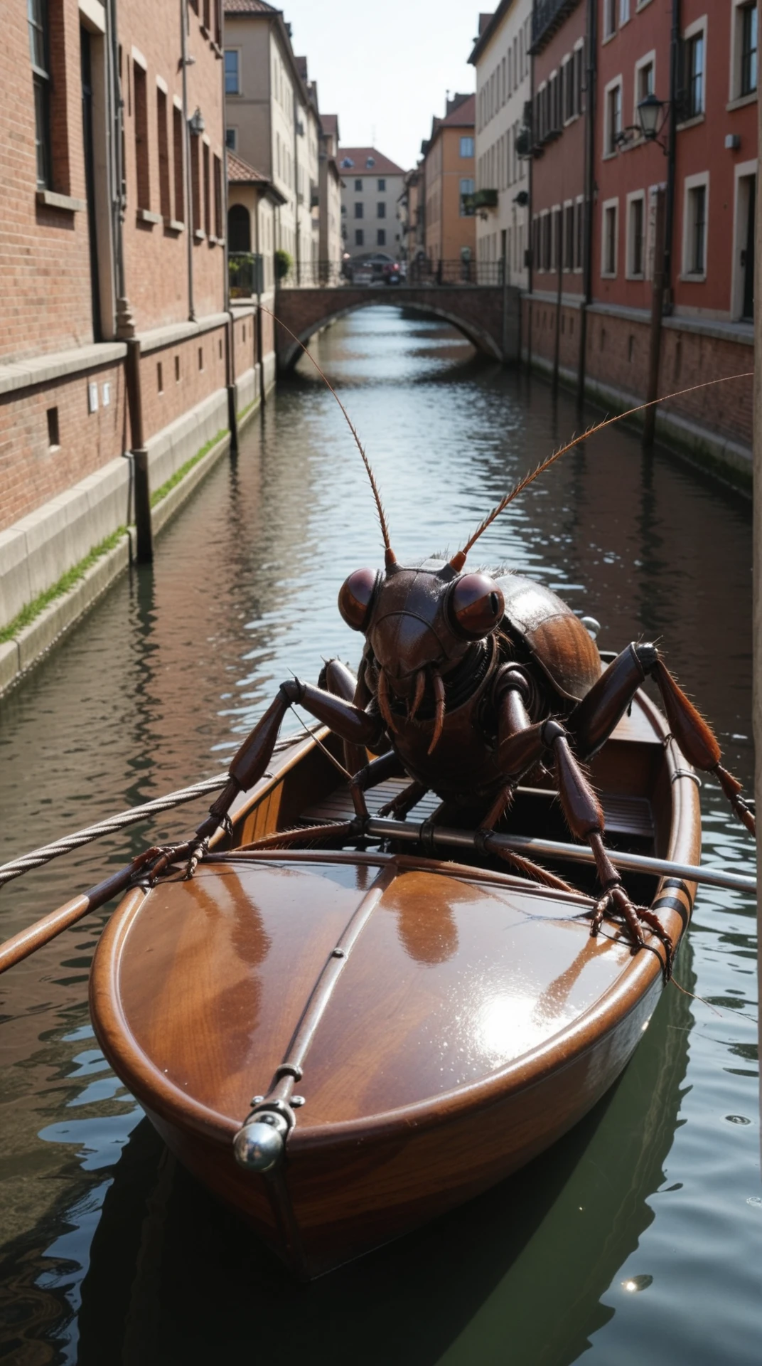 score_9, score_8_up, a furry anthro German Cockroach female, chrome bolero, glowing seams, robotic body, sleek design , , on a gondola ride through a canal