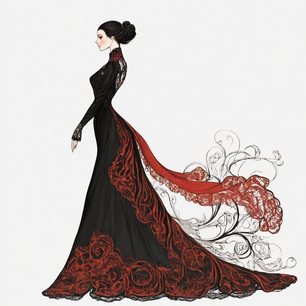 <lora:Art_Nouveau_Fashion_illustrationIllustrious:1> Art Nouveau Fashion illustration, The image shows a woman in a black and red dress with a long train standing against a white background. Her dress is adorned with intricate details such as lace beading and a long skirt that cascades down her back. Her hair is pulled back in a bun and she has a gentle expression on her face., 1girl, solo, dress, white background, full body, black dress, simple background, standing, long hair, profile