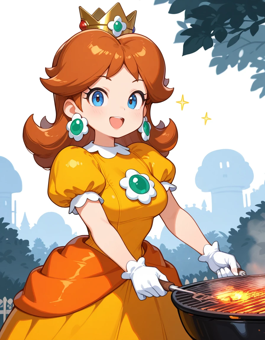 masterpiece, best quality, amazing quality,, <lora:princess-daisy-illustriousxl-lora-nochekaiser:1>, princess daisy, blue eyes, long hair, orange hair, mature female, medium breasts,, crown, daisy, dress, flower, gem, gloves, orange dress, puffy short sleeves, puffy sleeves, short sleeves, white gloves,, v,, backyard, barbecue, grilling, laughter, summer evening, cowboy shot, solo, looking at viewer