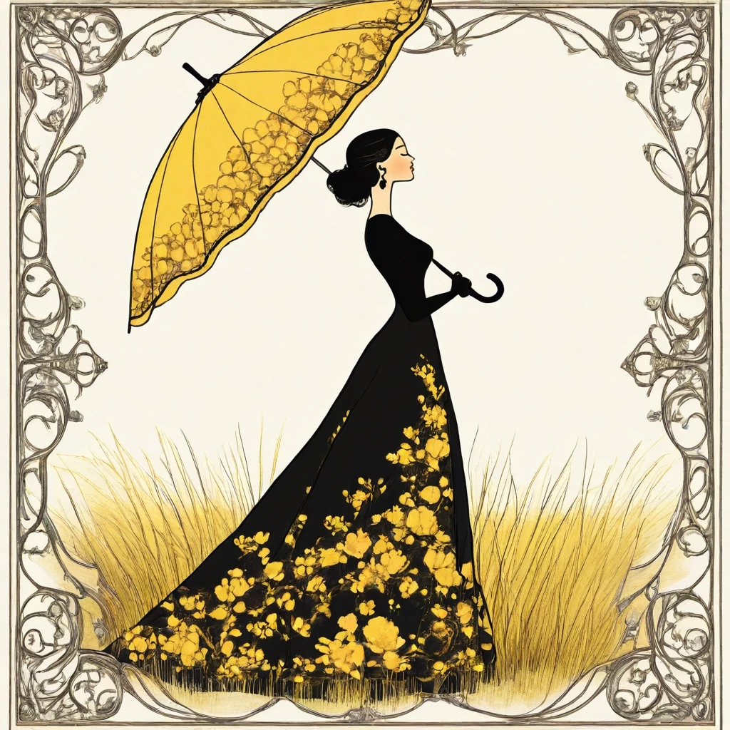 <lora:Art_Nouveau_Fashion_illustrationIllustrious:1> Art Nouveau Fashion illustration, The image shows a woman in a long dress holding an umbrella. She has a graceful and elegant look her hair is pulled back in a bun and her eyes are closed as she holds the umbrella in her hands. The umbrella is a bright yellow color and the woman is standing in a field of tall grass., 1girl, solo, umbrella, dress, flower, jewelry, floral print, profile, earrings, black hair