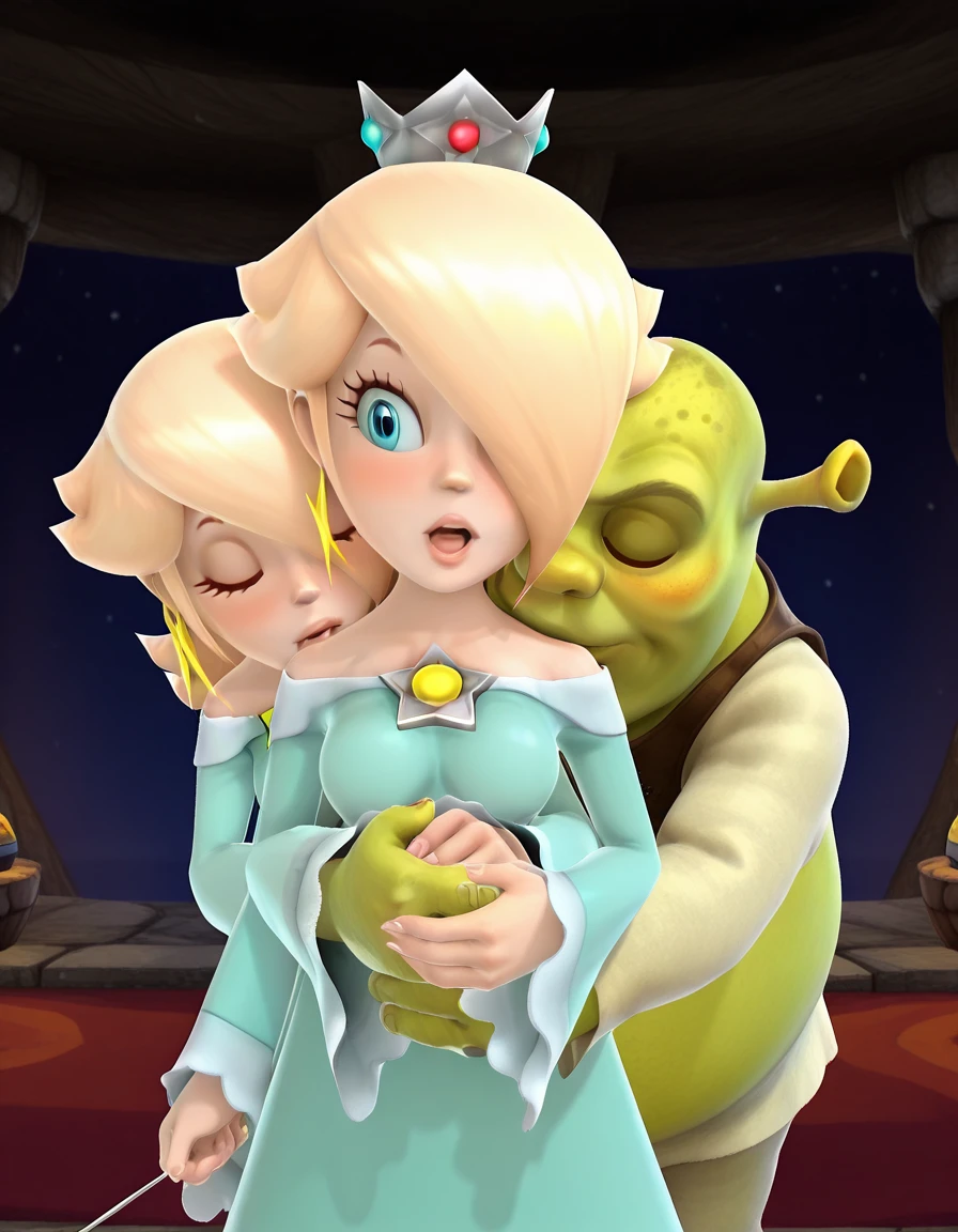masterpiece, best quality, amazing quality,, <lora:rosalina-super-mario-galaxy-ingame-illustriousxl-lora-nochekaiser:1>, rosalina, blonde hair, blue eyes, hair over one eye, long hair, 3d, mature female, medium breasts, anime screencap,, <lora:kissing-neck-illustriousxl-lora-nochekaiser:1>, kissing neck, open mouth, holding, hetero, hug, kiss, hug from behind, blush, looking at another, closed eyes, head on another's shoulder, <lora:shrek-illustriousxl-lora-nochekaiser:1>, shrek, hetero, colored skin, fat man, brown eyes,