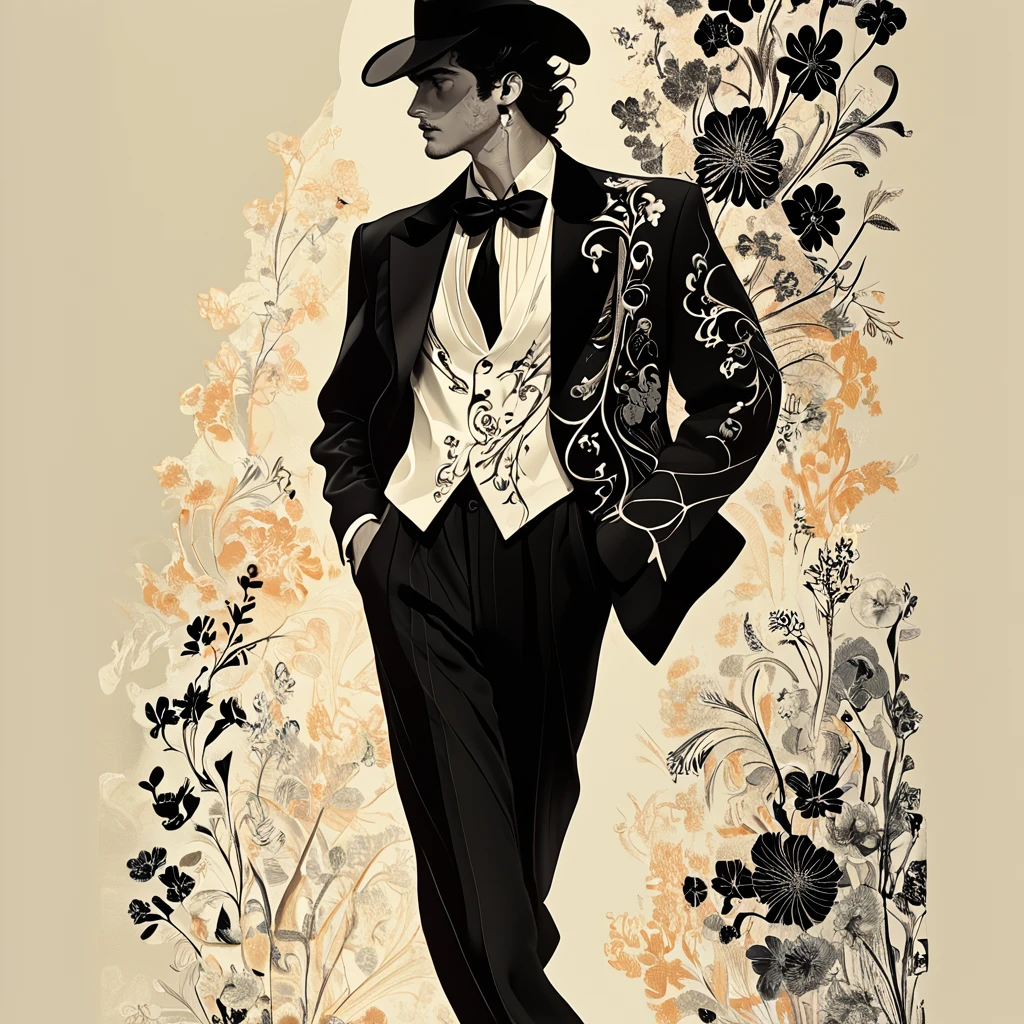 Score_9, score_8_up, score_7_up, score_6_up, BREAK <lora:Art_Nouveau_Fashion_illustrationPony:1> Art Nouveau Fashion illustration, The image shows a man in a tuxedo and hat walking with a floral design on a cream-colored background. He is wearing a black suit with a white shirt and a black bow tie and his hair is styled in a neat tailored manner. His facial features are detailed and his posture is confident and poised., solo, 1boy, male focus, hat, monochrome, formal, suit, kujo jotaro, walking, greyscale