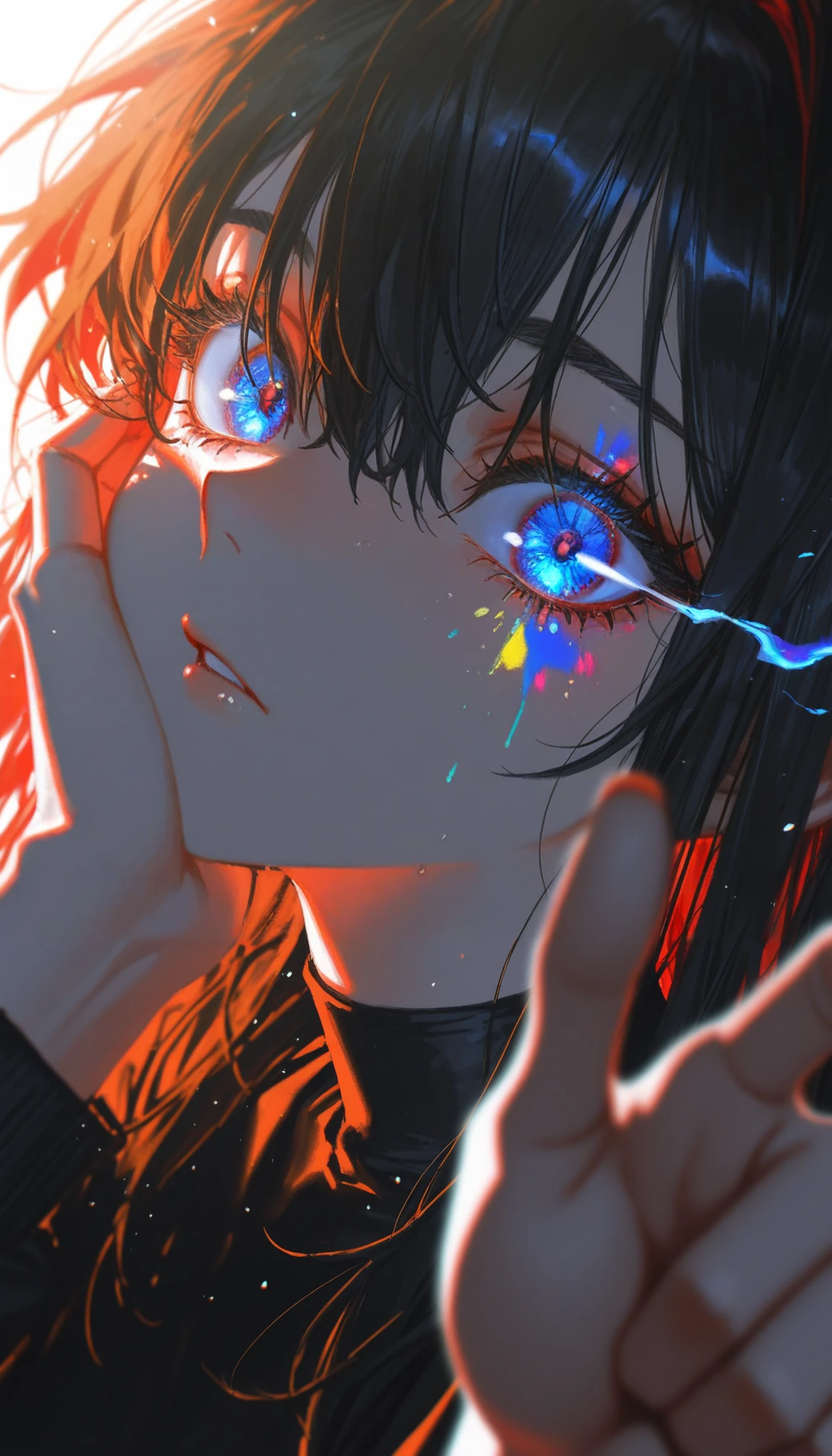 motion blur, going really fast masterpiece, deep focus, A shot with tension, (Visual impact, giving the poster a dynamic and visually striking appearance:1.2), impactful picture, dark shot, shadows, contrast, layered colors, vivid colors, contrast, offcial art, movie perspective, very aesthetic, disheveled hair, perfect composition, intricate details, moody, epic, intricate details, soothing tones, high contrast, natural skin texture, soft light, sharp, masterpiece, best quality, (ray tracing), sunlight, insanely interplay between lights and shadows, face focus, eye trail, backlighting, depth of field, cinematic lighting, light particles, lens flare, masterpiece, best quality, amazing quality, very aesthetic, absurdres, best quality, newest, (artist:quasarcake:0.8), extreme aesthetic, (wlop:0.5), masterpiece, best quality, good quality, newest, year 2024, year 2023, very aesthetic, absurdres, Visual impact, A shot with tension, ultra-high resolution, 32K UHD, sharp focus, best-quality, masterpiece, Emotionalization, unconventional supreme masterpiece, masterful details, temperate atmosphere, with a high-end texture, in the style of fashion photography, (Visual impact:1.2), giving the poster a dynamic and visually striking appearance, impactful picture, offcial art, colorful, splash of color, movie perspective, masterpiece, best quality, amazing quality, very aesthetic, absurdres, newest, extreme aesthetic, in the style of fashion photography, light particles, cinematic lighting, Visual impact, sharp focus, Emotionalization, depth of field, dutch angle, scenery, yoneyama mai, A vibrant, colorful portrait with perfect lighting and ray tracing effects. Close-up shot of a face painted in rich, vivid colors, with a hand placed on the cheek. Fingers are spread apart, drawing attention to the detailed eye area. The composition focuses on the subject's expressive eyes and intricate facial painting. Soft yet dynamic lighting enhances the colors and creates stunning special effects. The image is framed tightly around the face, emphasizing the interplay of color, light, and gesture, masterpiece, best quality, absurdres, newest, very aesthetic, amazing quality,highres,sensitive,