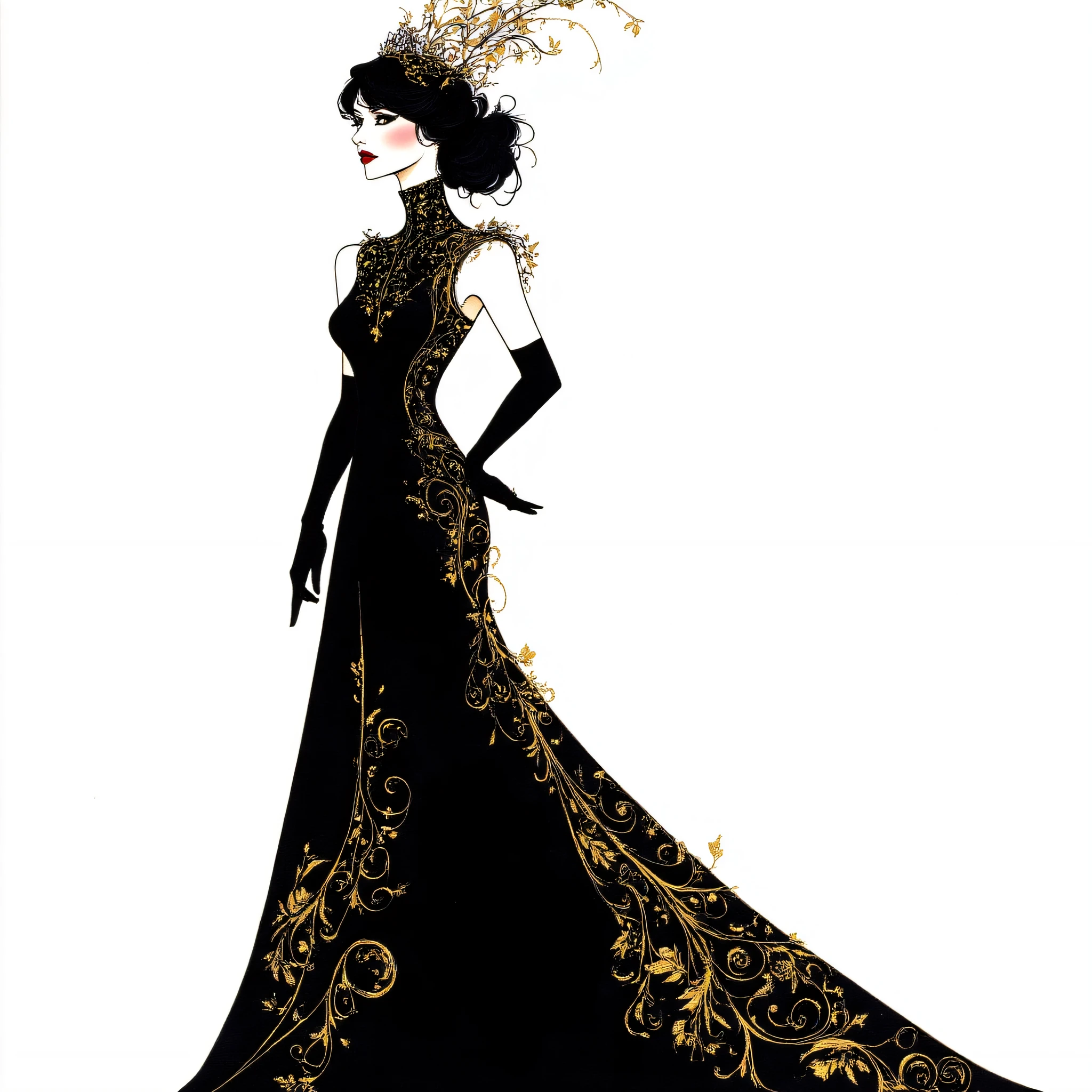 Art Nouveau Fashion illustration, The image shows a woman in a black dress with gold leaves standing against a white background. Her dress is adorned with intricate details giving her a regal and majestic look., 1girl, solo, dress, gloves, elbow gloves, black hair, black dress, long hair, black gloves, lipstick