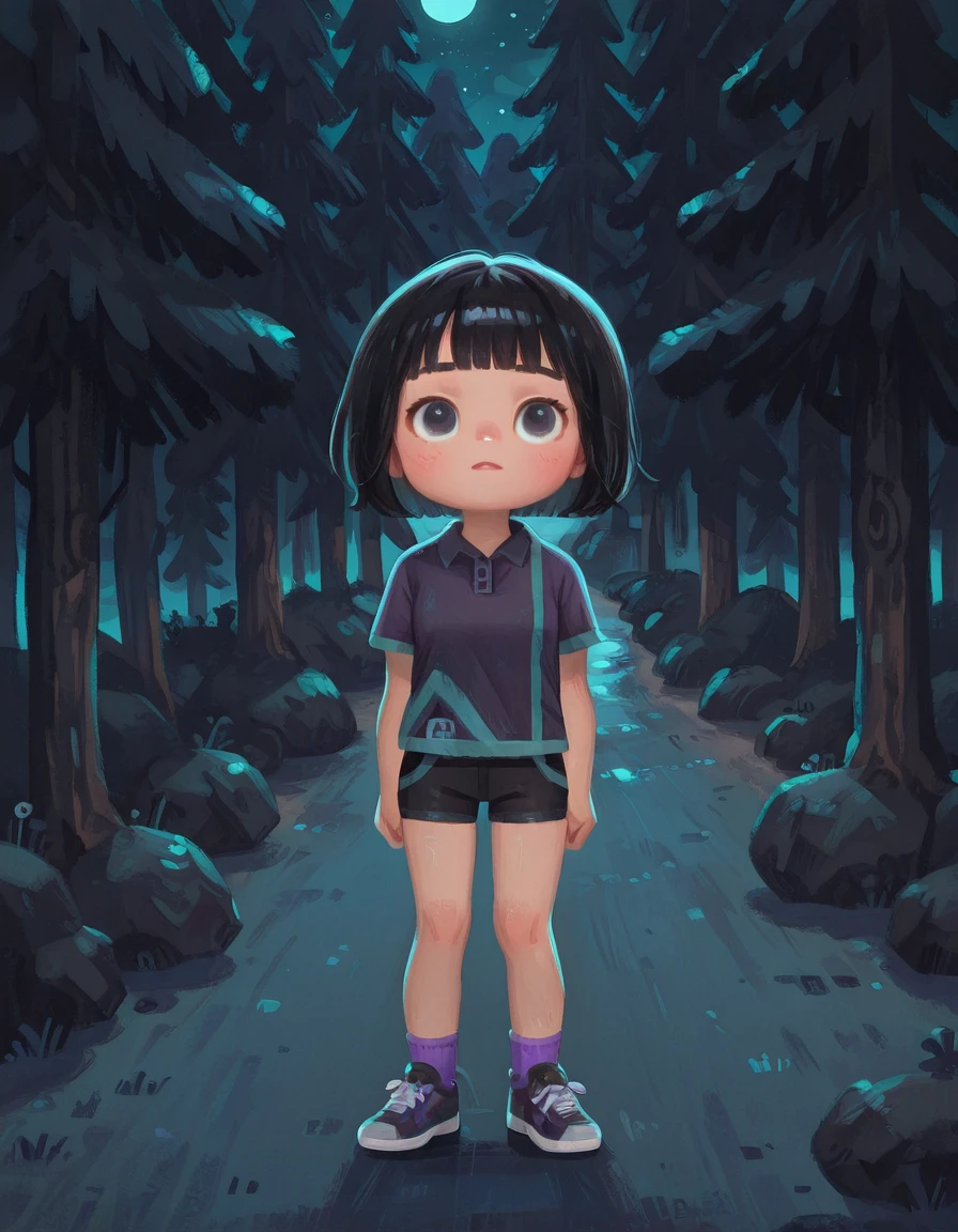 1girl, solo, shorts, socks, shoes, shirt, bangs, sneakers, short sleeves, black eyes, short hair, black shorts, purple socks, black hair, feng <lora:Feng_Min_Dead_by_DaylightIIIustrious:1>forest, night, realistic <lora:Amelicart_style_Illustrious_Xl:0.8> 0mel1c0rt , chibi only