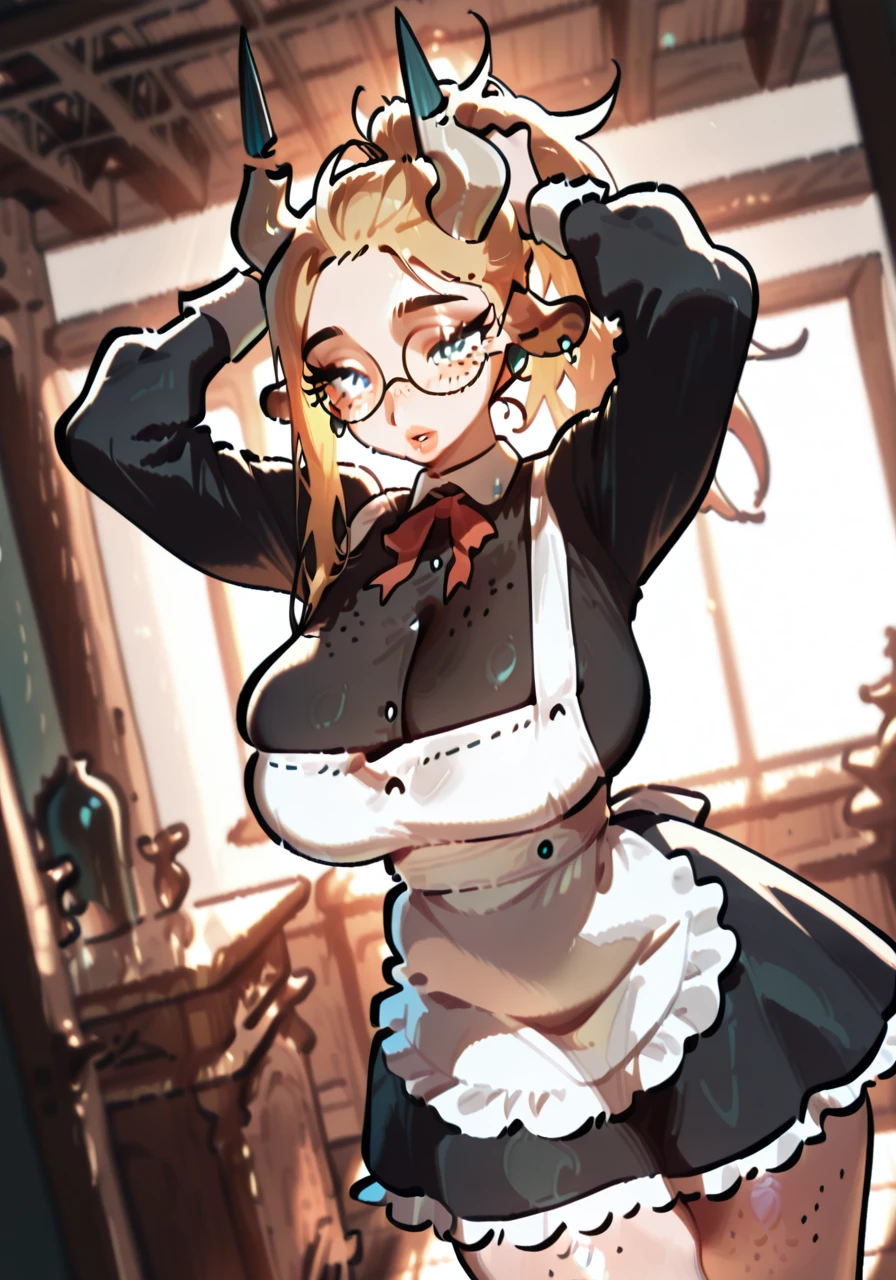 score_9, score_8_up, score_7_up, source_anime, 1girl, orange hair, orange eyes, low ponytail, cat ears, small breasts, eyeglasses, micro bikini maid, headdress, blouse, skirt, apron, areola, anxious, light smile, private room, mansion,