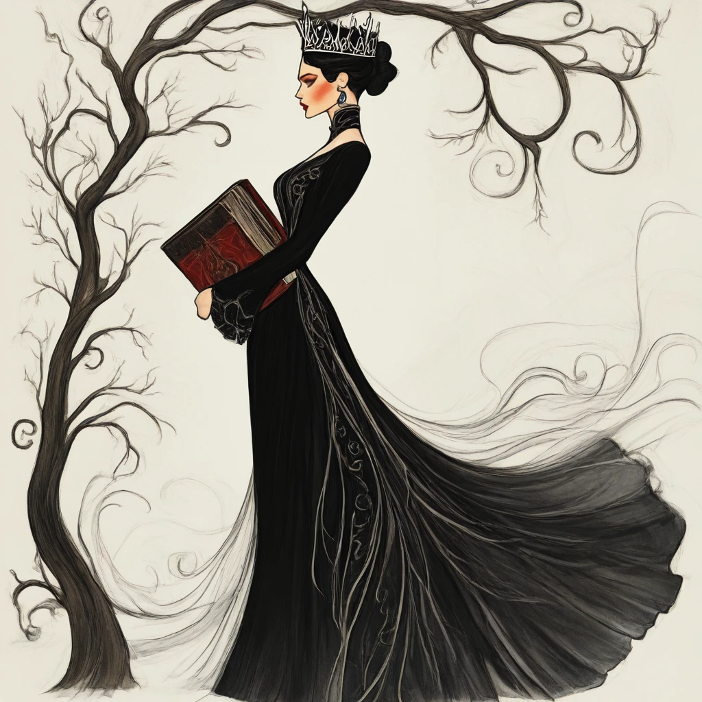 <lora:Art_Nouveau_Fashion_illustrationIllustrious:1> Art Nouveau Fashion illustration, The image shows a woman in a black dress holding a book with a painting of a tree in the background. The woman has a human face and her hair is pulled back in a bun. She is wearing a long flowing dress with intricate details and a crown on her head. The painting of the tree is detailed and lifelike with its branches reaching up to the sky., 1girl, solo, dress, black hair, black dress, red lips, jewelry, earrings, holding, book