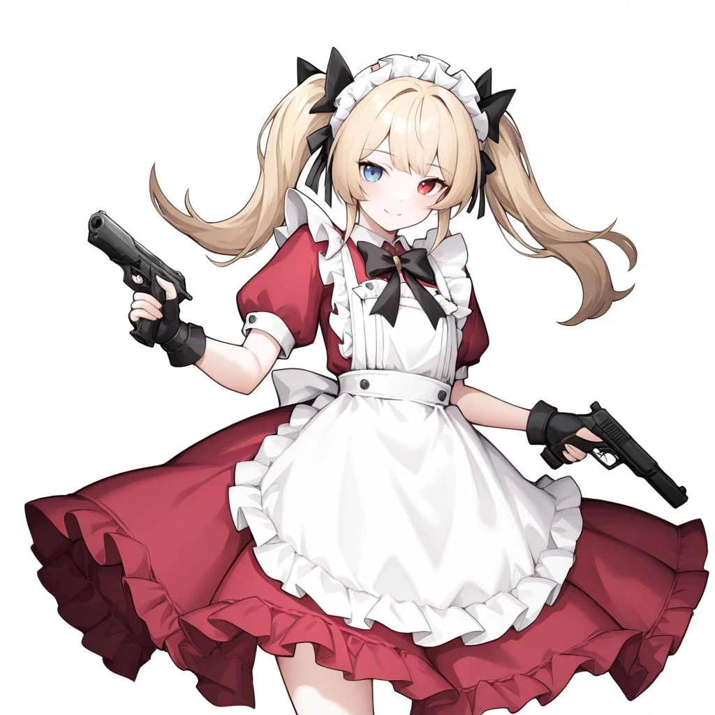 maid outfit, holding ak47 gun, solo super cute lady, solo, (((short straight blonde hair))), (((blonde))), (Bring out your forehead:1.2), red eyes, (((cleavage))), evil smile, little cross necklace, beautiful, masterpiece, best quality, full body
