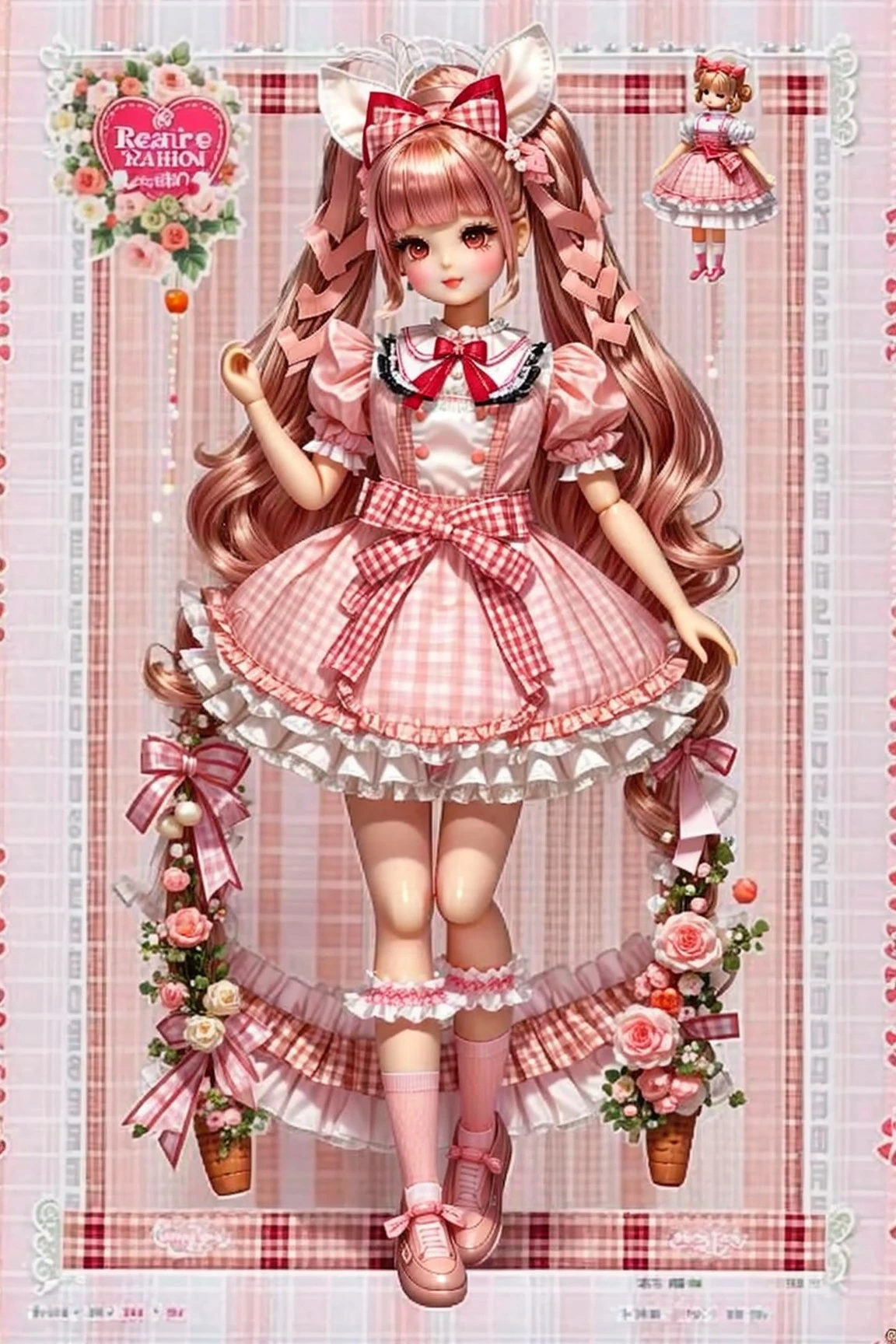 (fullbody, front facing, facing viewer) 1girl, (Licca-chan, doll), doll joints, long hair, two-tone hair, blonde and light brown hair, two side up, twintails, big sparkling black eyes, makeup, long eyelashes, detailed lips, blush, smile, (fashion) light pink and white rabbit print ta_dress, pinafore dress, light pink puffy short sleeves, carrot waist ornament, pastel orange waist ribbon, waist ribbon, frills, ruffles, red plaid attached ribboned skirt, bow skirt, white hip_ribbons, bows, white bows, light pink bows, orange bows, hair ornament, hair ornaments, hair ribbons, white and pink frilled headband, rabbit hair ornament, jewelry, white and red gingham print loose socks, brown loafers, (simple background, pink theme, pink ribbon border, 🎀)