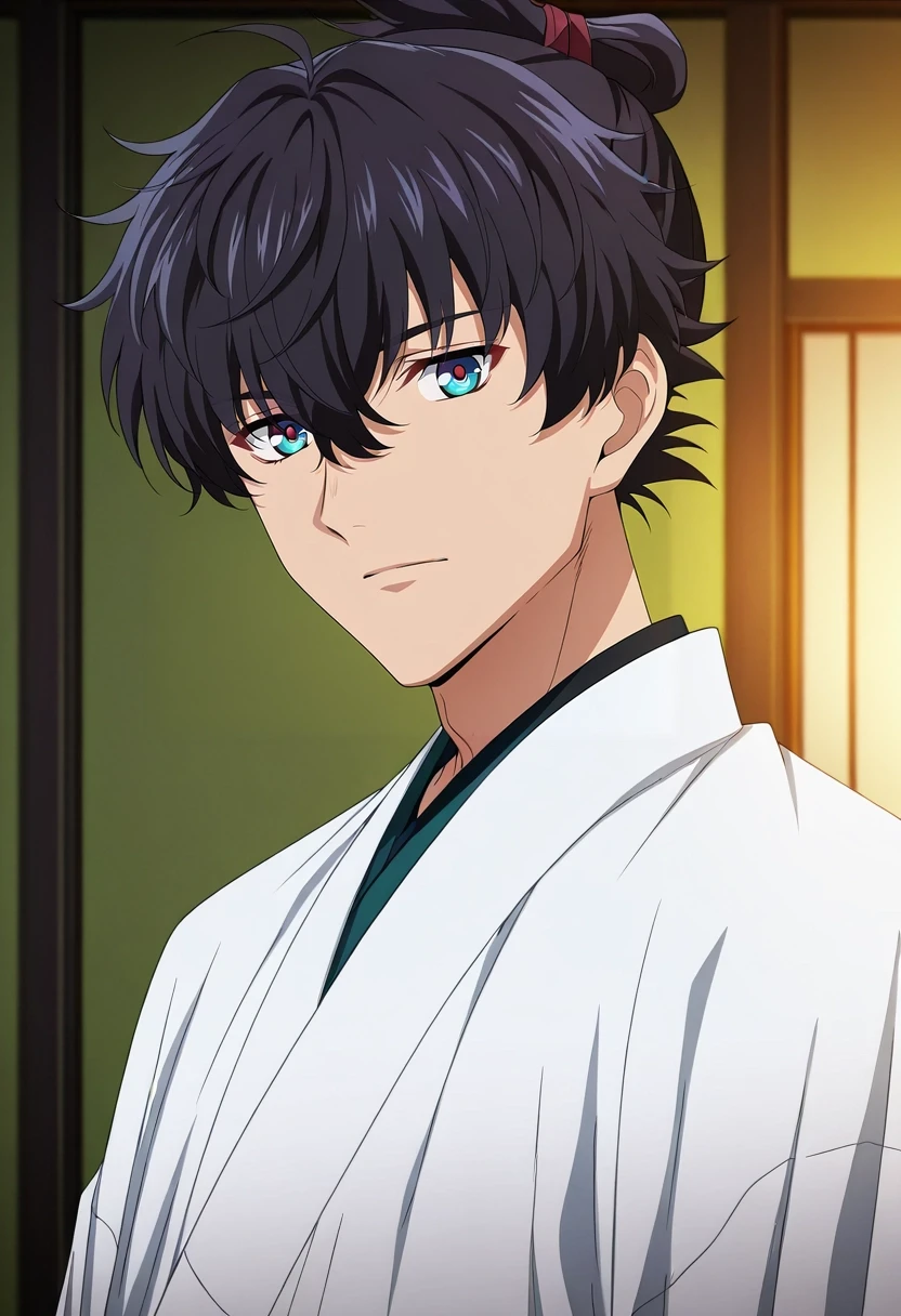 masterpiece, best quality, , anime screencap, anime coloring, official style, looking at viewer, 1boy, solo, male focus, <lora:miyamoto_iori_ilxl:0.92>, miyamoto_iori, black hair, blue eyes, short hair, bangs, hair between eyes, topknot, ,