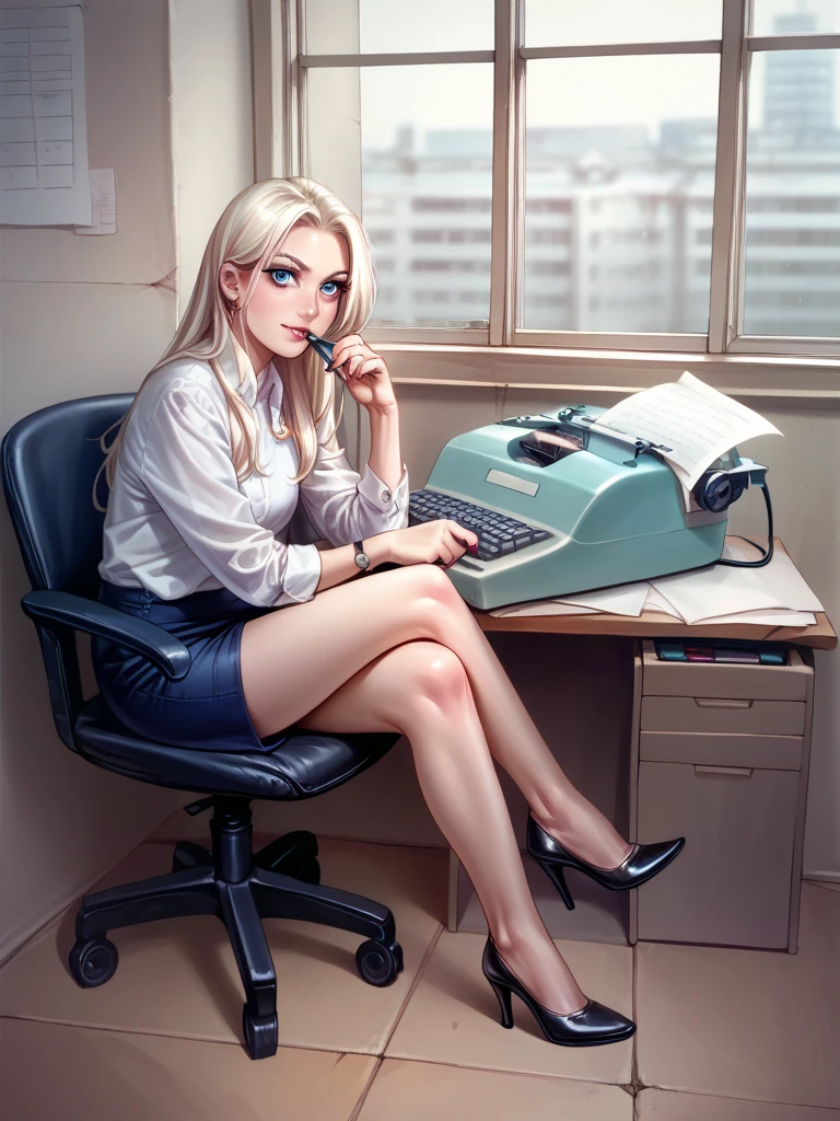 score_9, score_8_up, score_7_up, source_anime, BREAK
an office building in the 1950s,
a young woman sits at a desk,
electric typewriter, (typing:1.2), cable, papers, Crossed Legs, sexy High Heels, nail polish