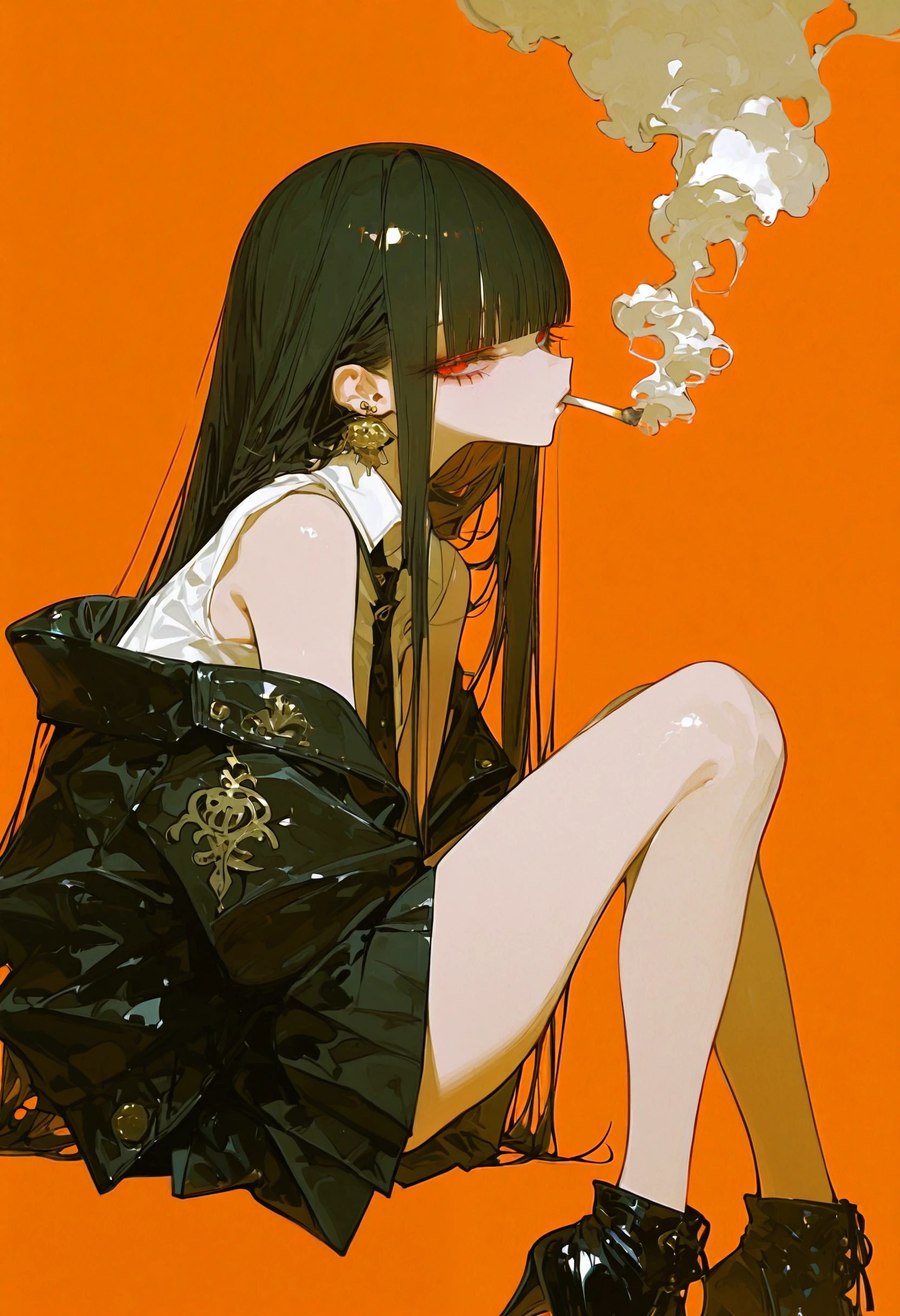 <lora:c2FnYXdhX2dhd2E=-illustriousXL_v01_V1-CAME>, c2Fn, 1girl, solo, black hair, long hair, cigarette, necktie, jacket, smoking, shirt, jewelry, high heels, black necktie, earrings, simple background, looking at viewer, black nails, black jacket, smoke, white shirt, black footwear, collared shirt, nail polish, sleeveless, sleeveless shirt, blunt bangs, skirt, red background, off shoulder, fingernails, sitting, orange background, black skirt,  legs, very long hair, mouth hold, smoke trail, red eyes, from side