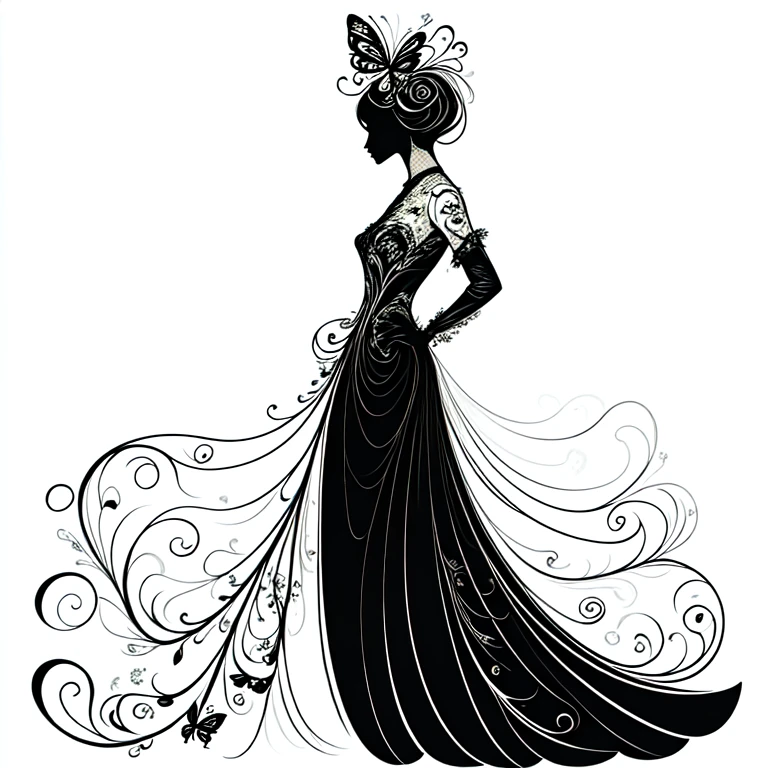<lora:Art_Nouveau_Fashion_illustrationSD1:1> Art Nouveau Fashion illustration, The image shows a woman in a black and white dress with flowers on her head standing against a white background. Her dress is adorned with intricate details such as lace beading and a long train. Her hair is long and flowing cascading down her back. She has a gentle expression on her face and her eyes are closed as if she is in a peaceful state., 1girl, solo, dress, black hair, bug, closed eyes, elbow gloves, black dress, gloves, butterfly