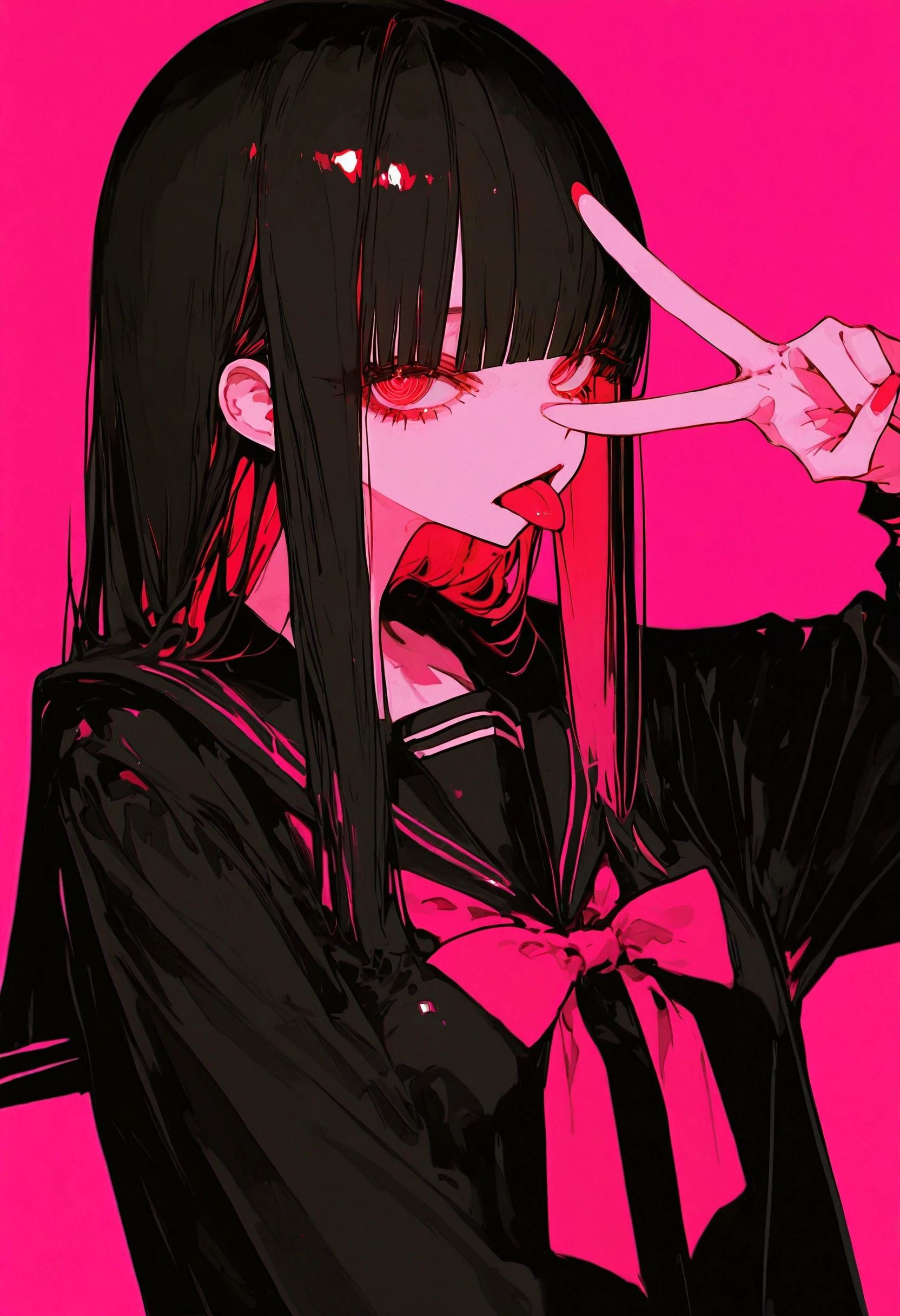 <lora:c2FnYXdhX2dhd2E=-illustriousXL_v01_V1-CAME>, c2Fn, 1girl, solo, tongue out, tongue, school uniform, red eyes, long hair, black hair, v, looking at viewer, upper body, red nails, serafuku, blunt bangs, black serafuku, bow, sailor collar, red theme, shirt, pink background, red bow, nail polish, black shirt, black sailor collar, limited palette, v over eye, red background, bowtie, hand up, fingernails, ringed eyes, red bowtie, colored inner hair, pink theme, long sleeves, simple background