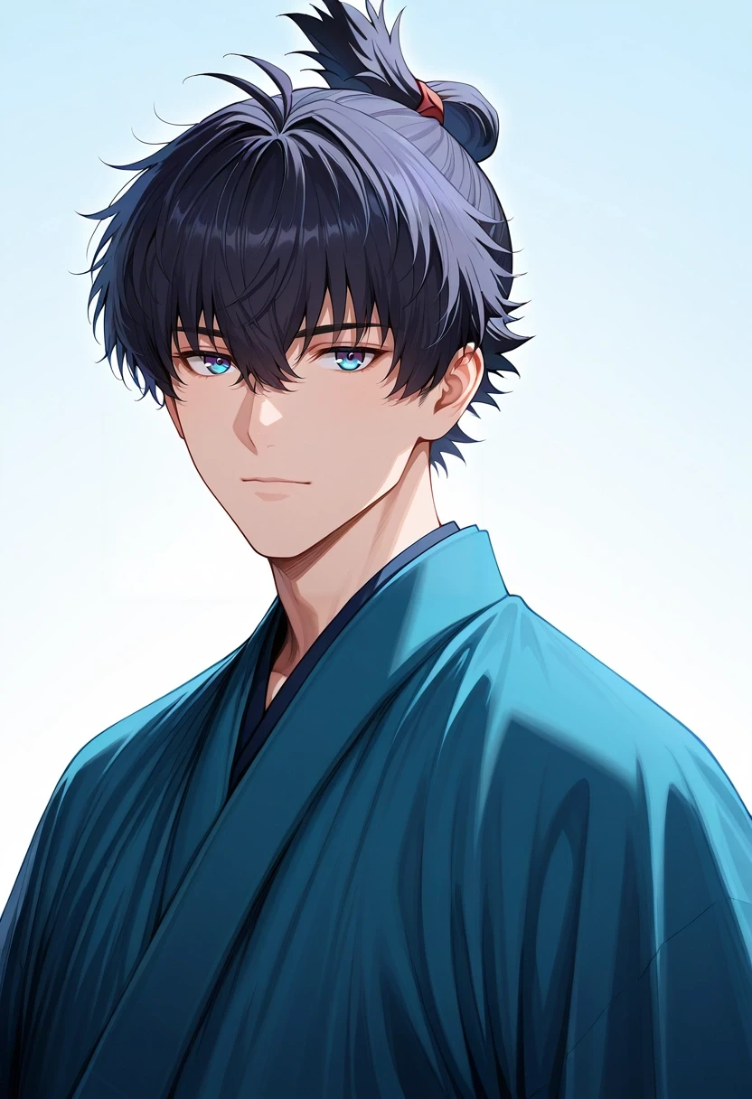 masterpiece, best quality, , semi-realistic, looking at viewer, 1boy, solo, male focus, <lora:miyamoto_iori_ilxl:0.96>, miyamoto_iori, black hair, blue eyes, short hair, bangs, hair between eyes, topknot, japanese clothes, blue kimono, , windbreaker,