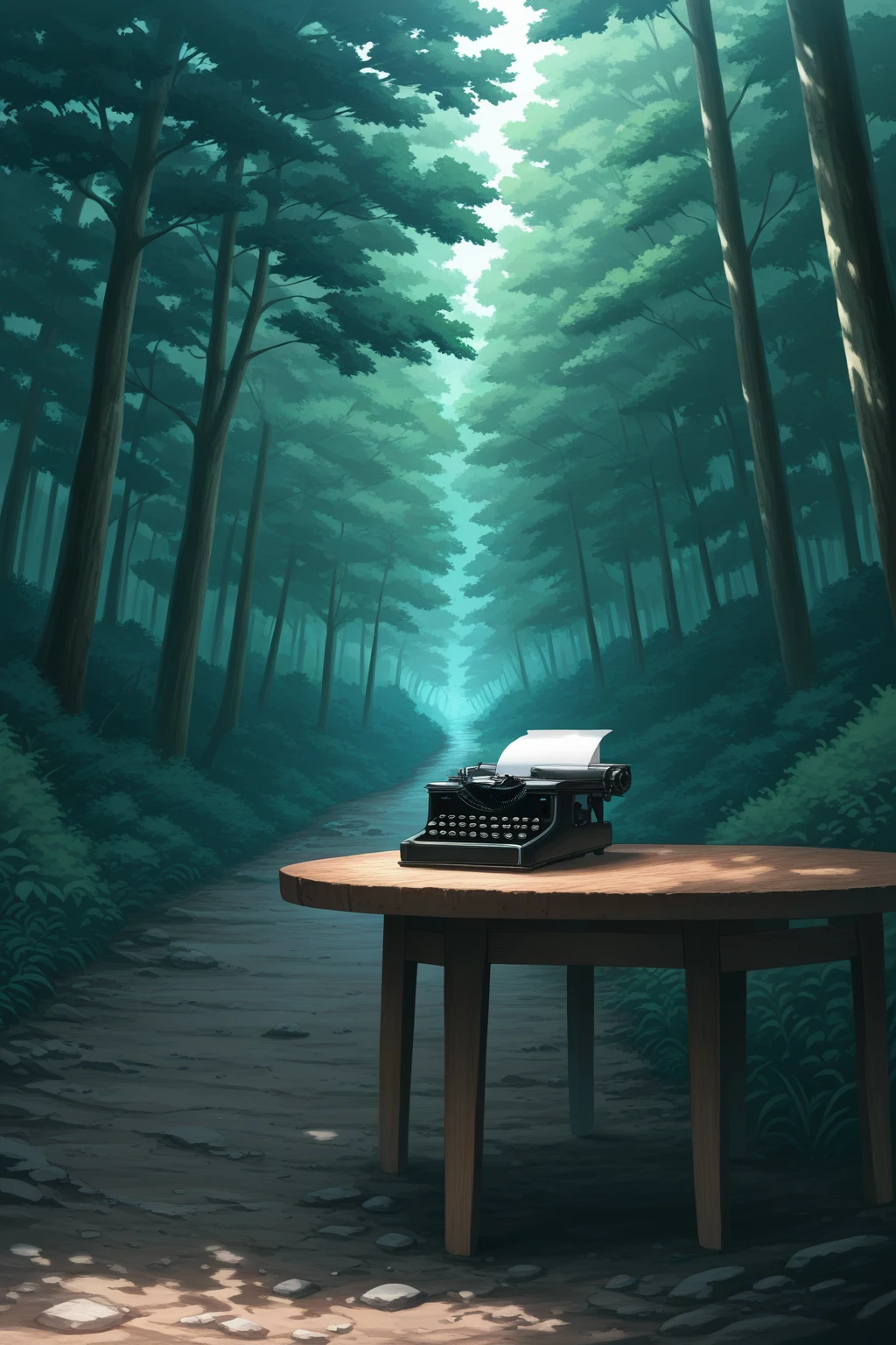 masterpiece,best quality,amazing quality, highres, absurdres, official art, official style, dynamic shading, dynamic coloring, extremely detailed, BREAK
beautiful scenery, nature, table, typewriter
