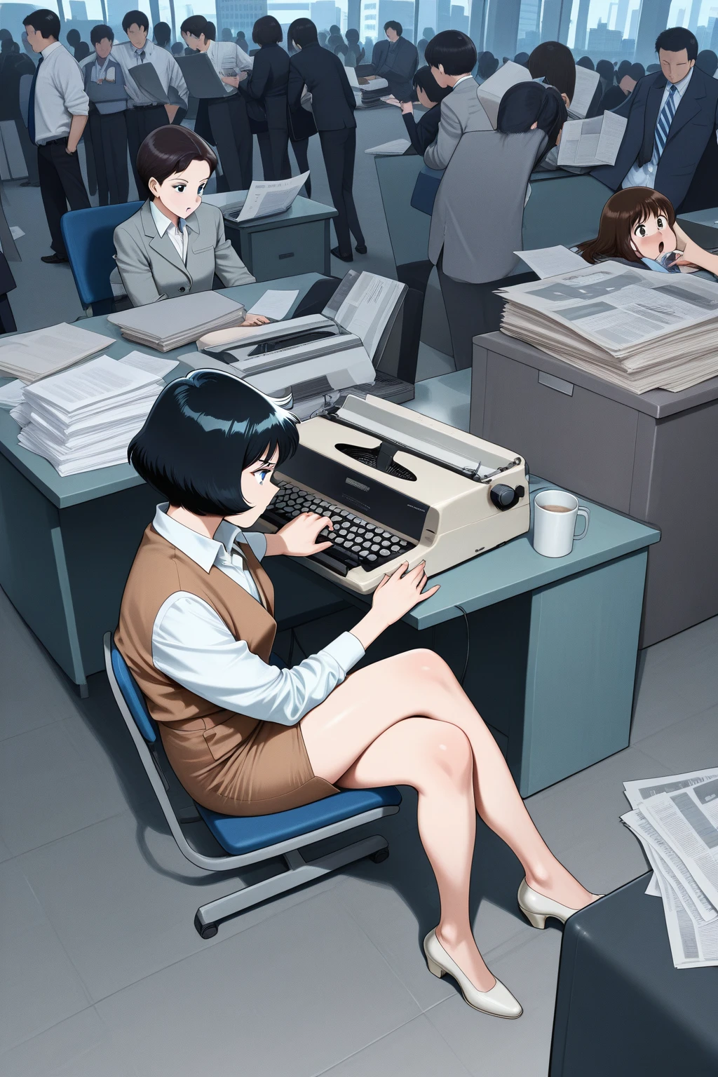 masterpiece,best quality,amazing quality, source_anime, BREAK
a busy office building for a newspaper in the 1950s,
Young reporters throughout the office,
electric typewriter, (typing:1.2), cable, papers, Crossed Legs, desks, people