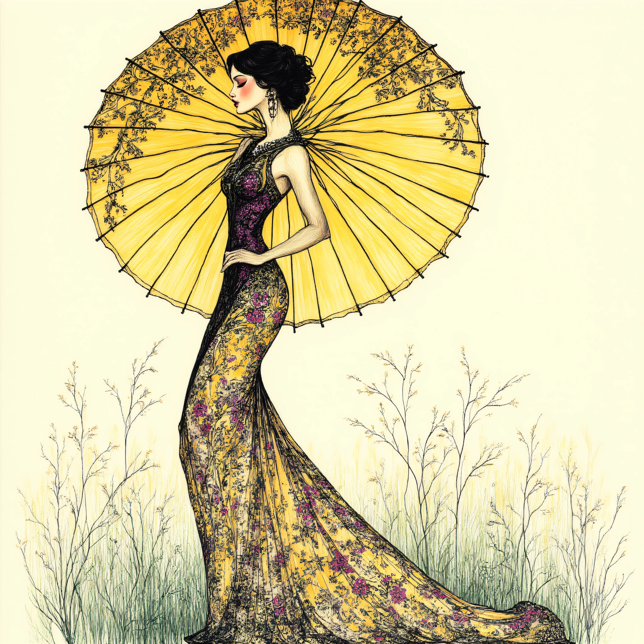 Art Nouveau Fashion illustration, The image shows a woman in a long dress holding an umbrella. She has a graceful and elegant look her hair is pulled back in a bun and her eyes are closed as she holds the umbrella in her hands. The umbrella is a bright yellow color and the woman is standing in a field of tall grass., 1girl, solo, umbrella, dress, flower, jewelry, floral print, profile, earrings, black hair