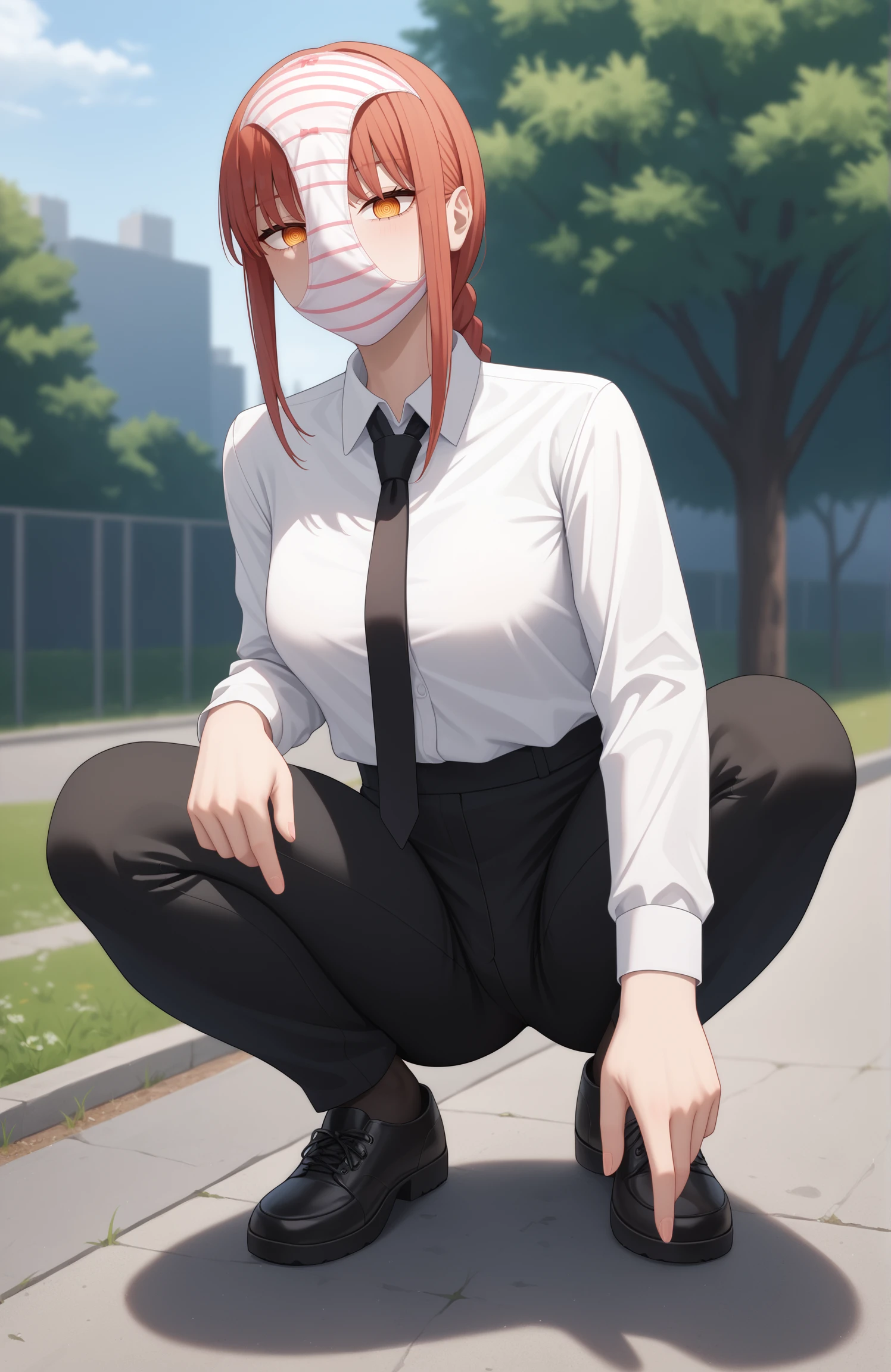 score_9, score_7_up, 1girl, panty mask, makima \(chainsaw man\), slav squatting, looking at viewer, collared shirt, black necktie, black pants, outdoors, <lora:Pantymask:1>