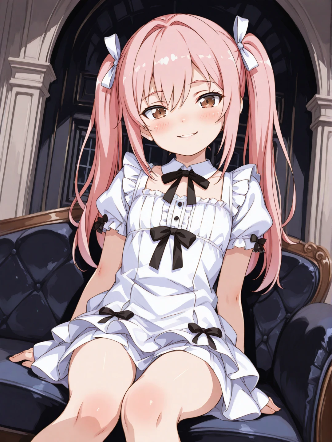 masterpiece, best quality,tower,town,Europe,A girl,Pink Hair,Long hair,sit,blue eyes,White Dress,White socks,roof,Cat ear,Lace,White fluffy shorts