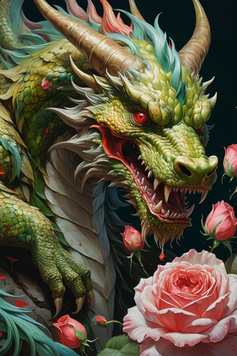 Graffiti, scribble, Comics by Petra Cortright, best quality, masterpiece, dragon surrounded with flowers artwork, Representative work, official art, Professional, Ultra intricate detailed, 8k, dragon art, multicoloured background