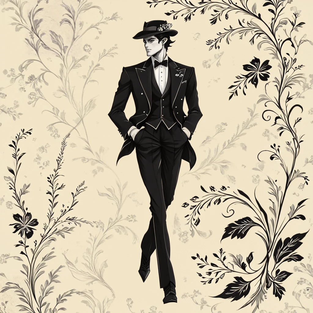 <lora:Art_Nouveau_Fashion_illustrationSDXL:1> Art Nouveau Fashion illustration, The image shows a man in a tuxedo and hat walking with a floral design on a cream-colored background. He is wearing a black suit with a white shirt and a black bow tie and his hair is styled in a neat tailored manner. His facial features are detailed and his posture is confident and poised., solo, 1boy, male focus, hat, monochrome, formal, suit, kujo jotaro, walking, greyscale