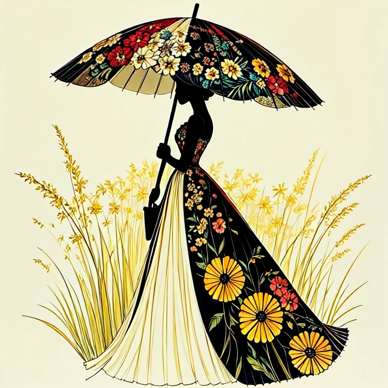 <lora:Art_Nouveau_Fashion_illustrationSD1:1> Art Nouveau Fashion illustration, The image shows a woman in a long dress holding an umbrella. She has a graceful and elegant look her hair is pulled back in a bun and her eyes are closed as she holds the umbrella in her hands. The umbrella is a bright yellow color and the woman is standing in a field of tall grass., 1girl, solo, umbrella, dress, flower, jewelry, floral print, profile, earrings, black hair