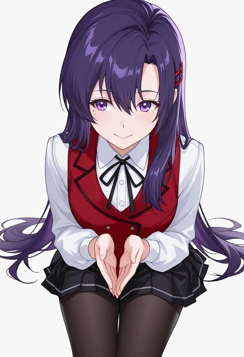 masterpiece, highest quality,
1 girl, alone,
(white background:1.4), looking at the viewer,
smile, blush, clothing lift,skirt lift,lift it yourself, purple_panties,
hagikaze, Ahoge, one side up,
shirt, neck ribbon, short sleeve, vest, black skirt, white gloves,
be quiet,