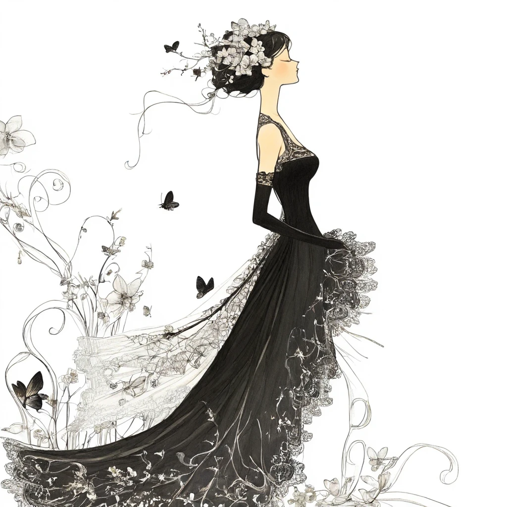 <lora:Art_Nouveau_Fashion_illustrationIllustrious:1> Art Nouveau Fashion illustration, The image shows a woman in a black and white dress with flowers on her head standing against a white background. Her dress is adorned with intricate details such as lace beading and a long train. Her hair is long and flowing cascading down her back. She has a gentle expression on her face and her eyes are closed as if she is in a peaceful state., 1girl, solo, dress, black hair, bug, closed eyes, elbow gloves, black dress, gloves, butterfly