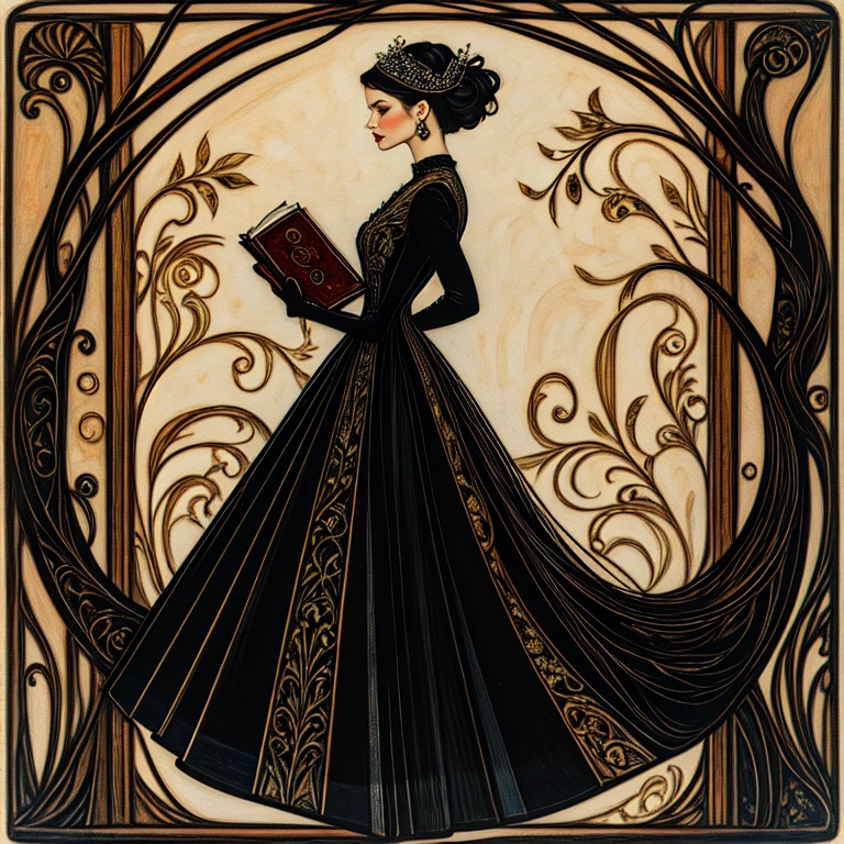 <lora:Art_Nouveau_Fashion_illustrationSD1:1> Art Nouveau Fashion illustration, The image shows a woman in a black dress holding a book with a painting of a tree in the background. The woman has a human face and her hair is pulled back in a bun. She is wearing a long flowing dress with intricate details and a crown on her head. The painting of the tree is detailed and lifelike with its branches reaching up to the sky., 1girl, solo, dress, black hair, black dress, red lips, jewelry, earrings, holding, book