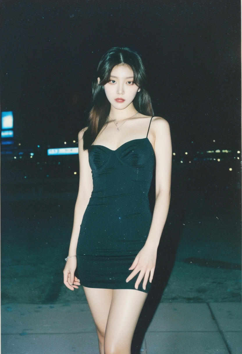Polaroid SX-70,polaroid,film photography,film particles,film grain,sexually suggestive,night Photo of a sexy 18-year-old Korean idol, city,Wearing a sexy black dress,facing viewer, (masterpiece,best quality) <lora:sdsFILM_v40-sdxl-V1:0.75>,(arms behind back:1.2),