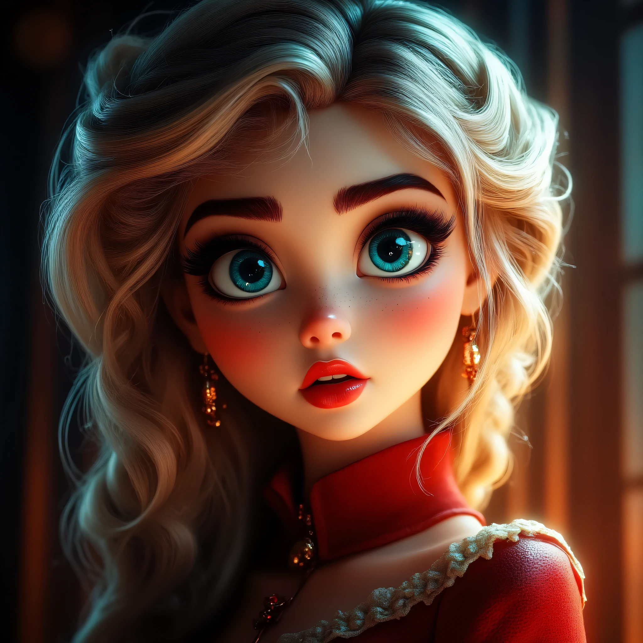 3D Fairytales, The image shows a woman with blonde hair and blue eyes wearing a red dress set against a dark background. Her face is animated giving the image a dynamic feel., 1girl, solo, blue eyes, eyelashes, makeup, looking at viewer, freckles, glowing, lips, blonde hair
