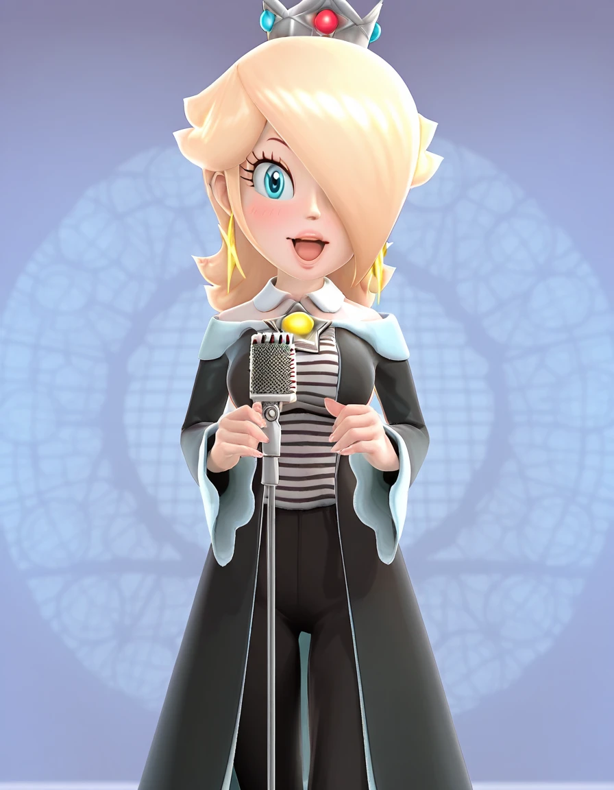 masterpiece, best quality, amazing quality,, <lora:rosalina-super-mario-galaxy-ingame-illustriousxl-lora-nochekaiser:1>, rosalina, blonde hair, blue eyes, hair over one eye, long hair, 3d, mature female, medium breasts, anime screencap,, <lora:never-gonna-give-you-up-illustriousxl-lora-nochekaiser:1>, never gonna give you up, shirt, pants, black pants, smile, dancing, collared shirt, jacket, microphone stand, microphone, blush, long sleeves, bowtie, white shirt, striped, black jacket, striped shirt, open mouth, singing, open clothes, looking at viewer, hands up,,