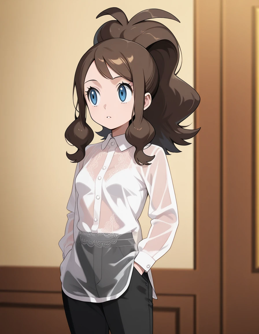 masterpiece, best quality, amazing quality,, <lora:pokemon-hilda-illustriousxl-lora-nochekaiser:1>, hilda, hilda (pokemon), blue eyes, brown hair, long hair, ponytail, mature female, small breasts, anime screencap,, <lora:barong-tagalog-illustriousxl-lora-nochekaiser:1>, barong tagalog, shirt, long sleeves, standing, white shirt, cowboy shot, parted lips, collared shirt, pants, black pants, hands in pockets, looking to the side, see-through shirt,