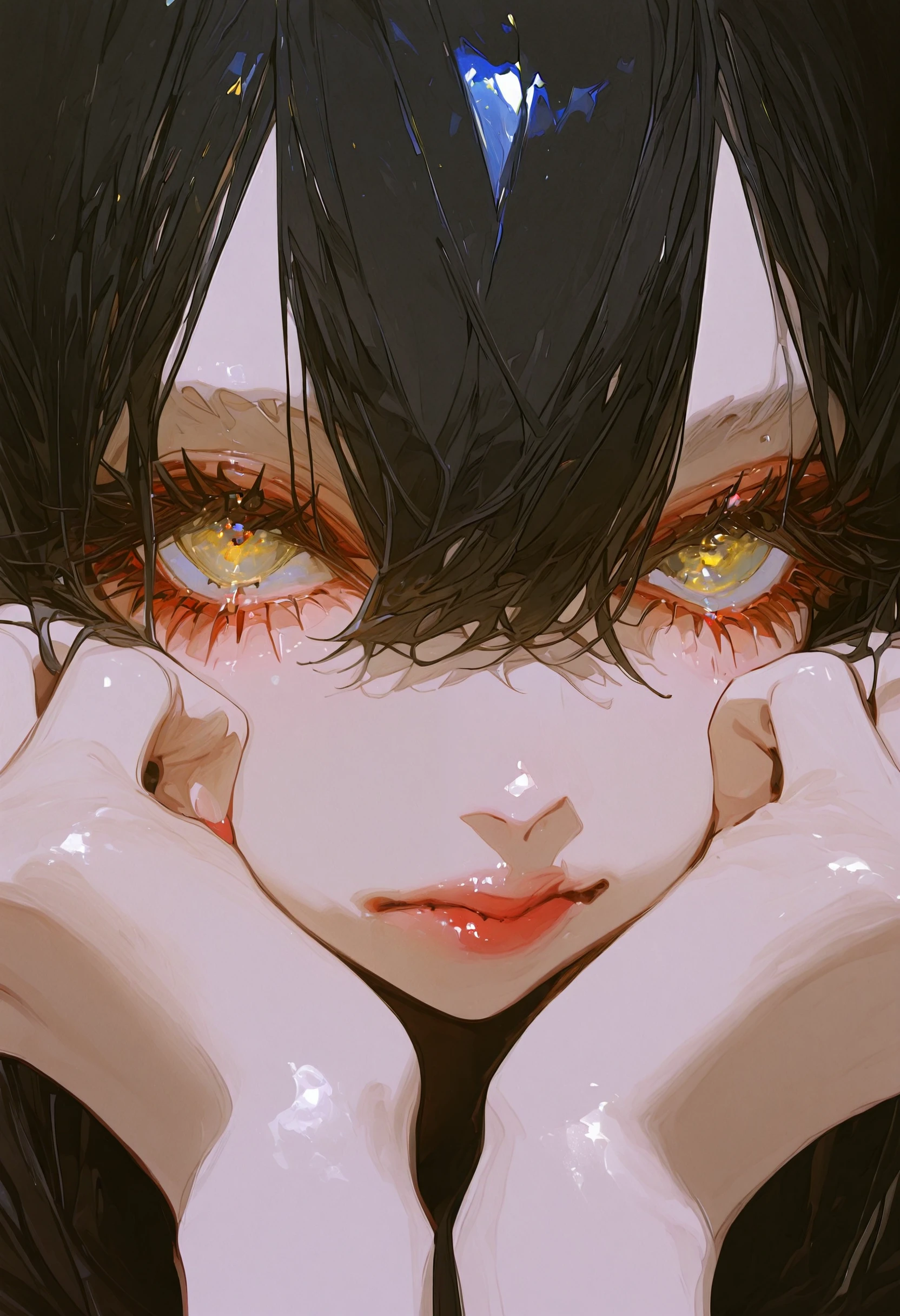 <lora:c2FnYXdhX2dhd2E=-illustriousXL_v01_V1-CAME>, c2Fn, 1girl, solo, black hair, looking at viewer, close-up, nail polish, hands on own face, eye focus, pink nails, eyelashes, hands on own cheeks, lips, yellow eyes, portrait, hair between eyes, red nails, closed mouth, fingernails, red lips, black background, hands up