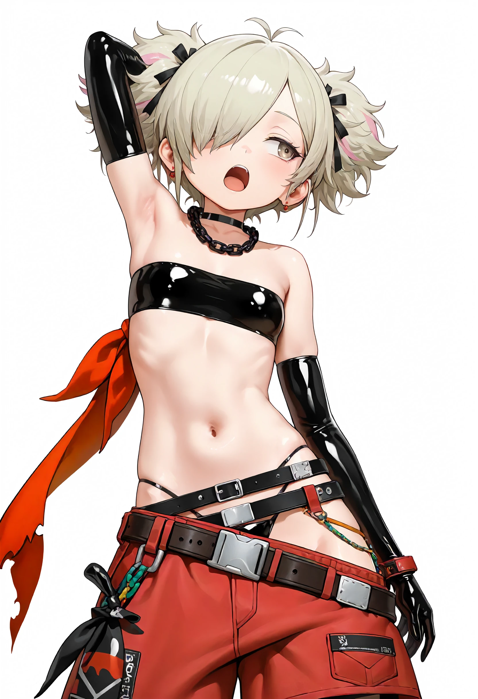 masterpiece, best quality, amazing quality, very aesthetic, absurdres, newest, scenery, volumetric lighting, perfect eyes, ultra detailed, anime,
1girl, SIG-556, vanilla color hair, light brown eye, hair highlights, hair ribbons, petite, short, tiny, hair over one eye, red earrings,
black choker, chain around neck, red ragged scarf, latex tube top, sleeveless, midriff, navel, black gloves, latex gloves, long gloves, belts, black thong, black thong line, red shorts, loose shorts,
standing, looking away, hands behind head, yawning, open mouth,
((simple background, white background)),
<lora:SIG-556_-_Girl_Frontline_-_Illustrious:1>
masterpiece, best quality, amazing quality, very aesthetic, absurdres, newest, scenery, volumetric lighting, perfect eyes, ultra detailed, anime,