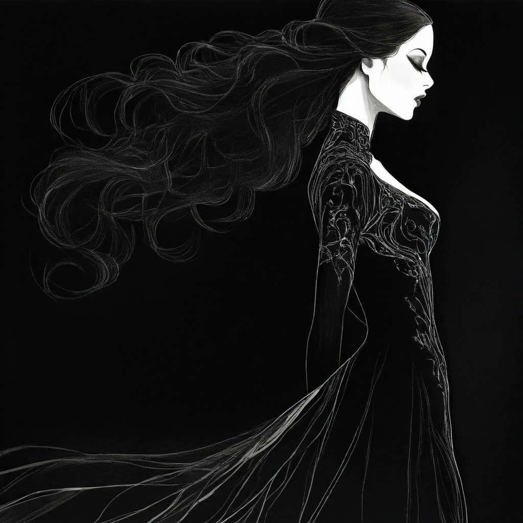 <lora:Art_Nouveau_Fashion_illustrationIllustrious:1> Art Nouveau Fashion illustration, The image shows a black and white drawing of a woman with long hair wearing a dress. Her face is clearly visible with her eyes looking off to the side and her lips slightly parted. Her hair is styled in a way that frames her face and her dress is a deep rich black., 1girl, solo, monochrome, dress, from side, closed eyes, profile, makeup, breasts, greyscale